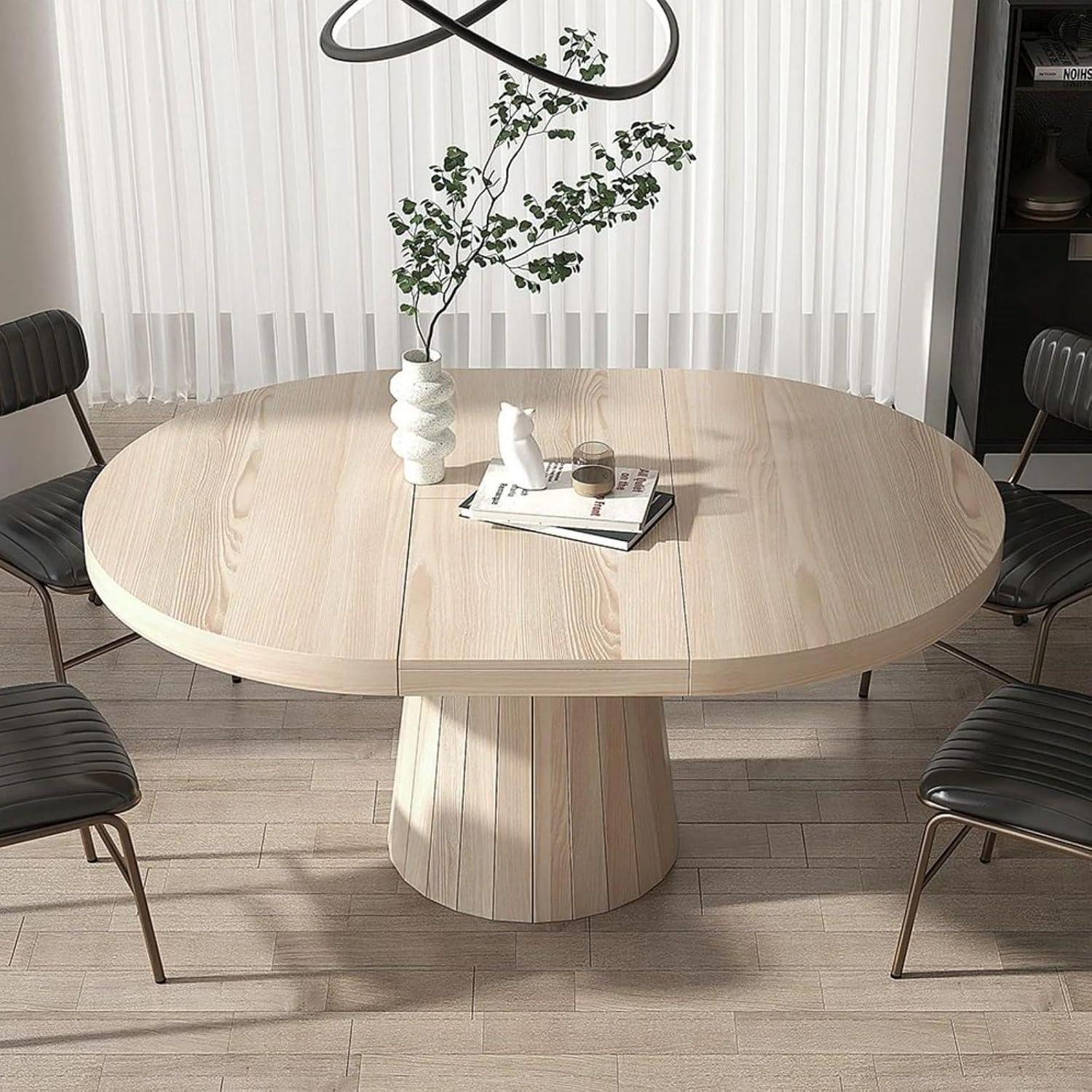 Homary Japandi 39"-55" Extendable Dining Table for 6 Whitewash Oval&Round Pedestal