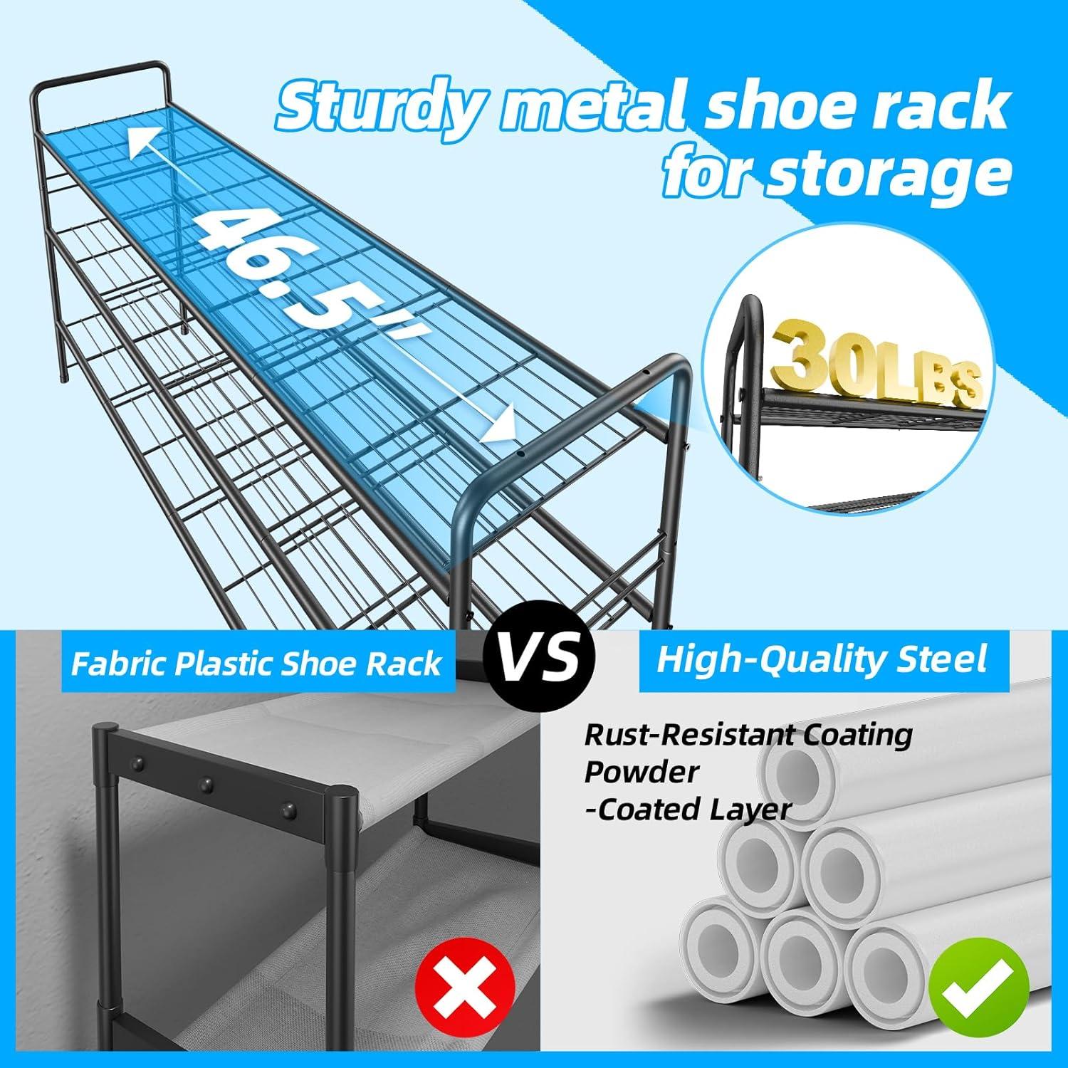 YASONIC Shoe Rack Storage Organizer, 3-Tier Black Shoe Shelf, 24 Pairs, Iron Poles & Plastic Connectors