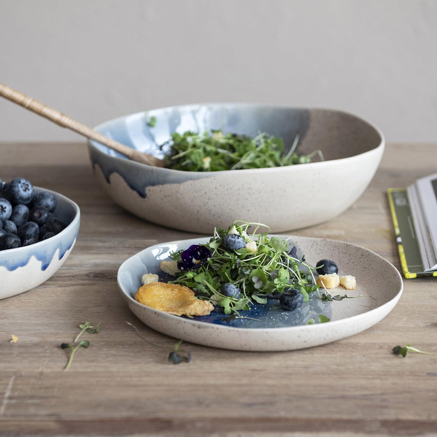 Blue and Cream Crackle Glaze Ceramic Serving Bowl