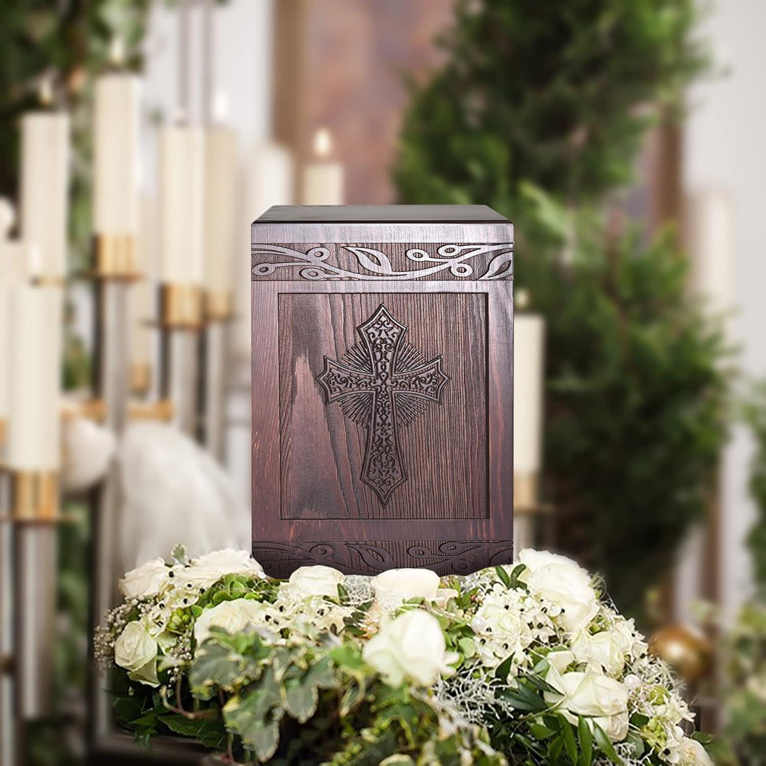 Cremation Urns for Human Ashes Adult Male Female, Wooden Carved Cross Urns Box and Casket for Ashes Men Women Child, Pets Cat Dog Urn, Burial Funeral Memorial Urns for Ashes, Holds 222 Cubic Inch