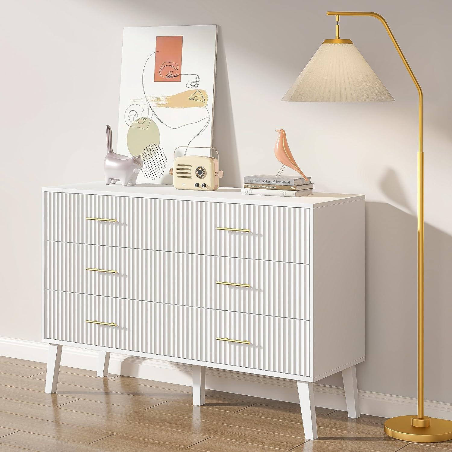 6 Drawer Dresser for Bedroom,Modern Bedroom Dresser,Fluted White and Gold Dresser with Curved Profile Design