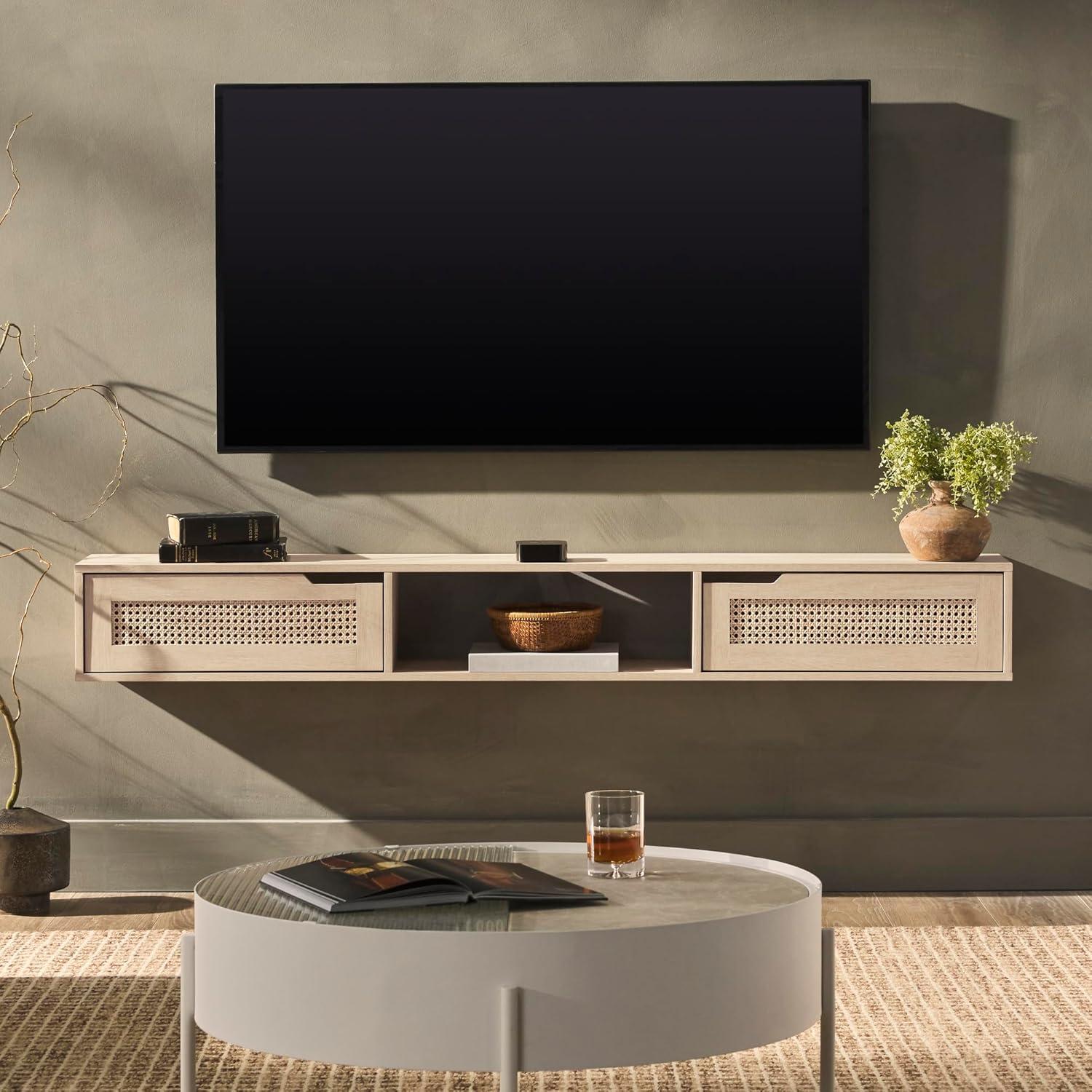 Walker Edison Modern Floating Rattan-Door TV Stand for TVs up to 65”, Coastal Oak