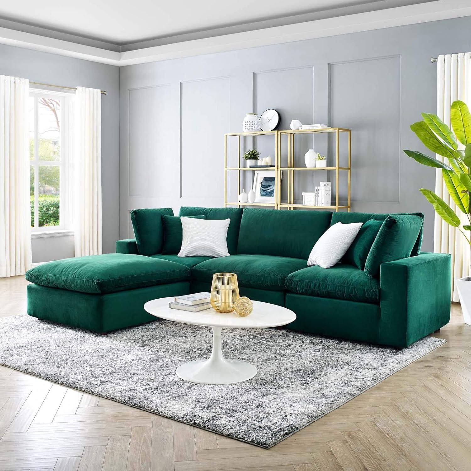 Modway Commix 4-Piece Performance Velvet Sectional Sofa in Green