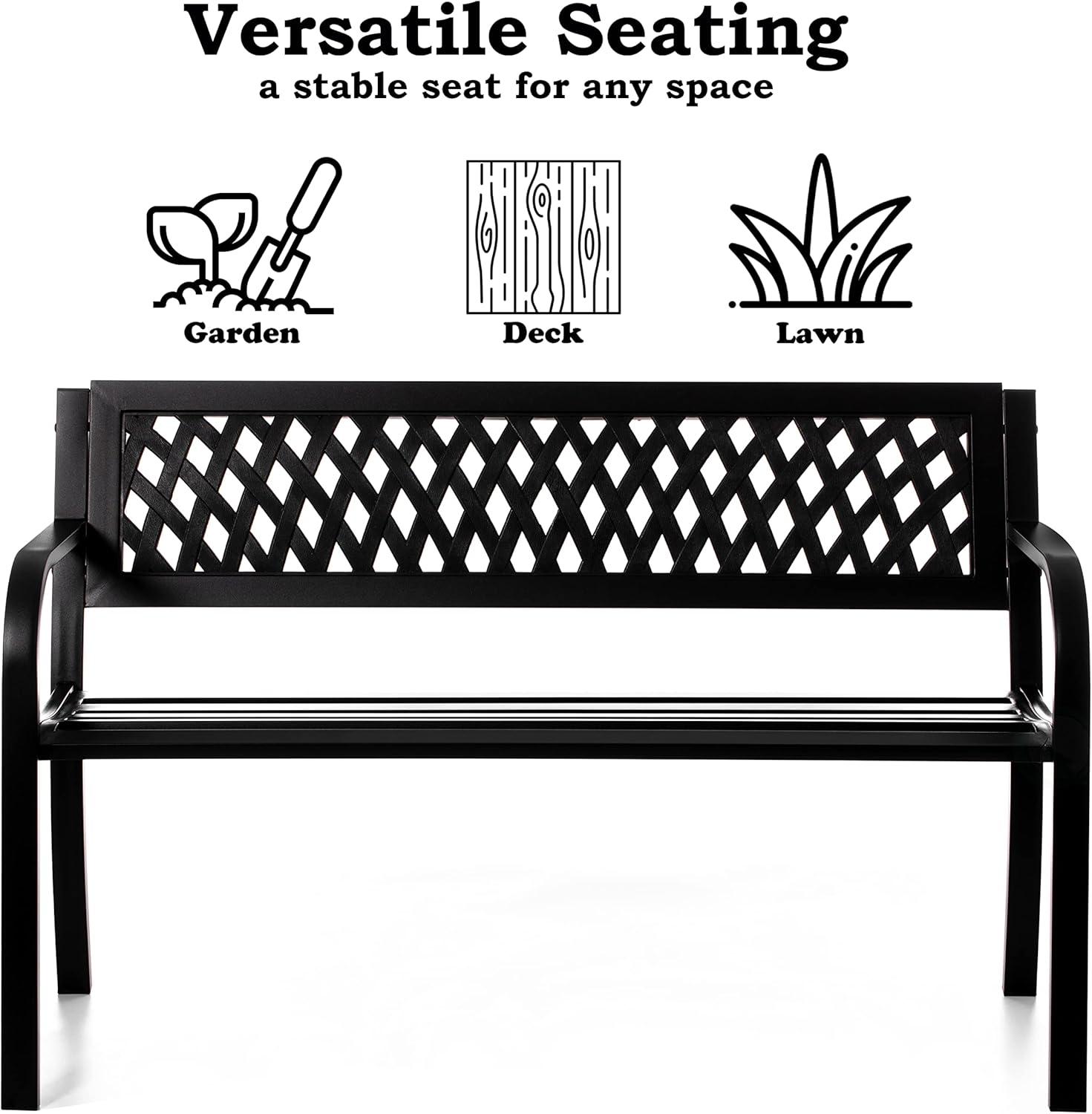 Gardenised Outdoor Steel 47 Park Bench for Yard, Patio, Garden and Deck, Black Weather Resistant Porch Bench, Park Seating