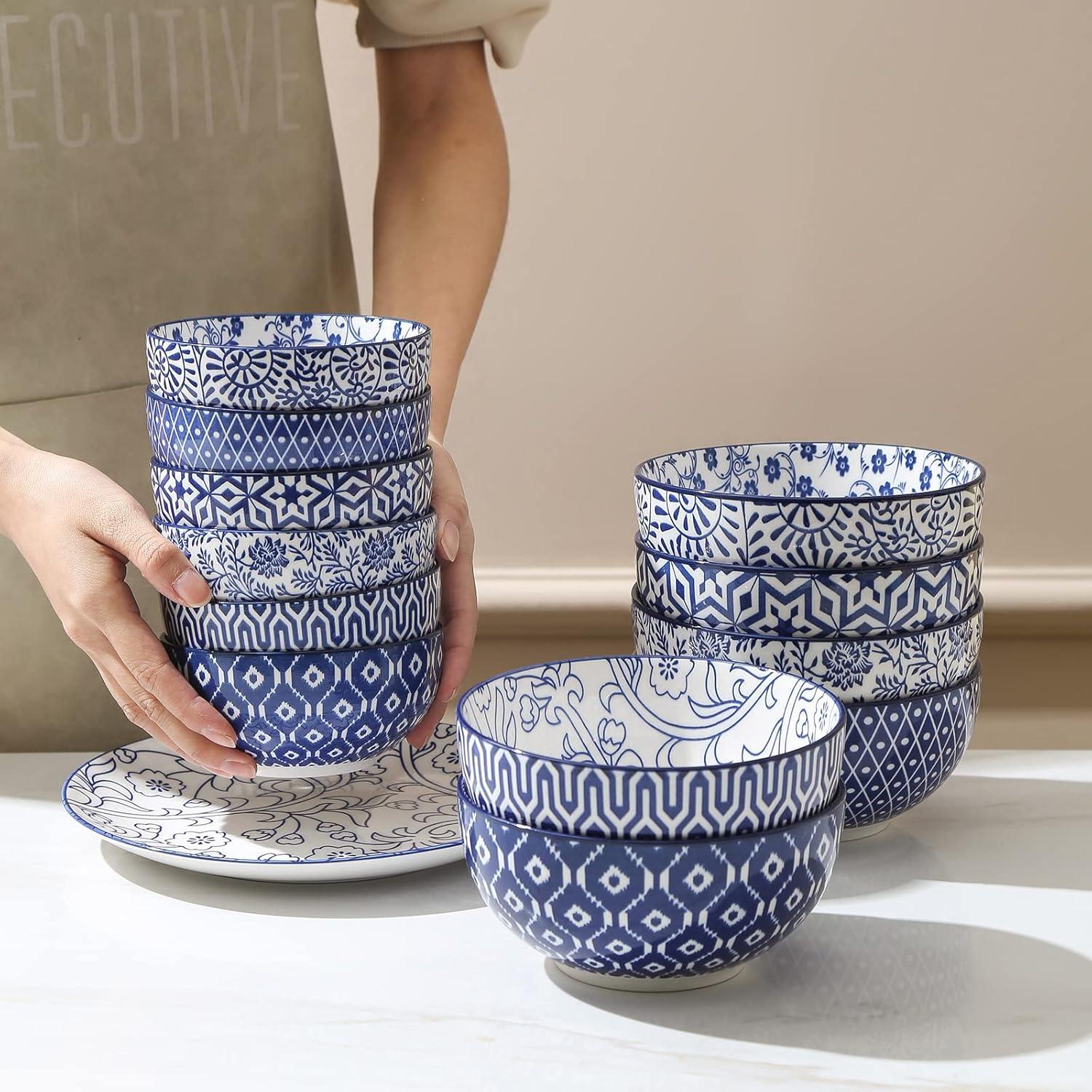 Vintage Blue Ceramic 24 Oz Patterned Cereal and Soup Bowls Set