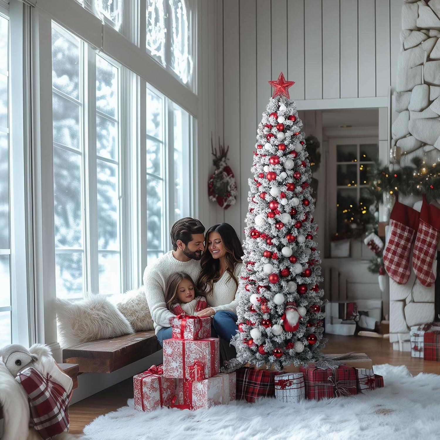 OasisCraft Un-lit 6.5Ft Snow Flocked Artificial Pencil Christmas Tree, Hinged Snowy Slim Xmas Tree Outdoor for Festive Holiday Decoration Metal Stand