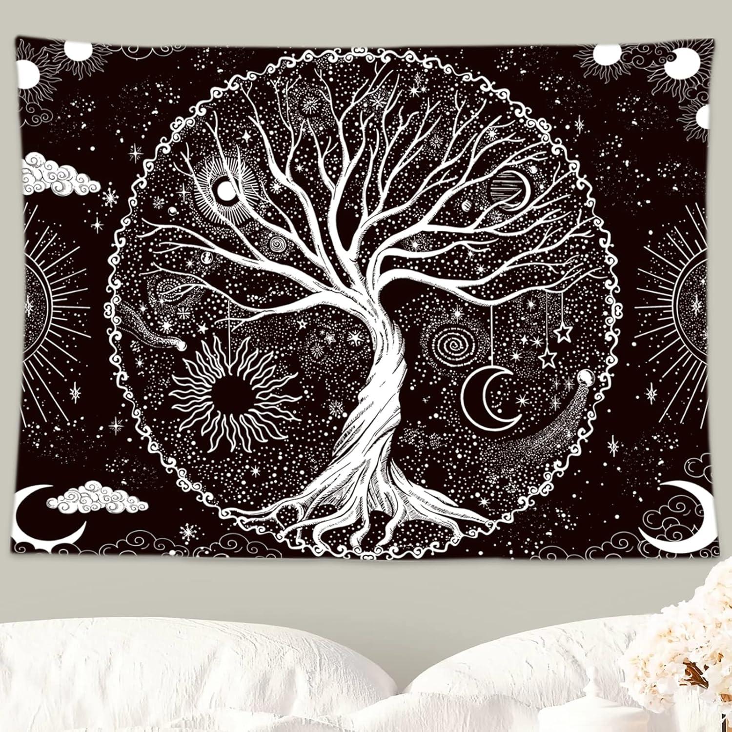 BCIIG Tree of Life Tapestry Wall Hanging Black and White Wishing Tree Galaxy Space Sun & Moon Tapestry Psychedelic Mystical Aesthetics Wall Hanging Living Room Bedroom Cosmic Tree