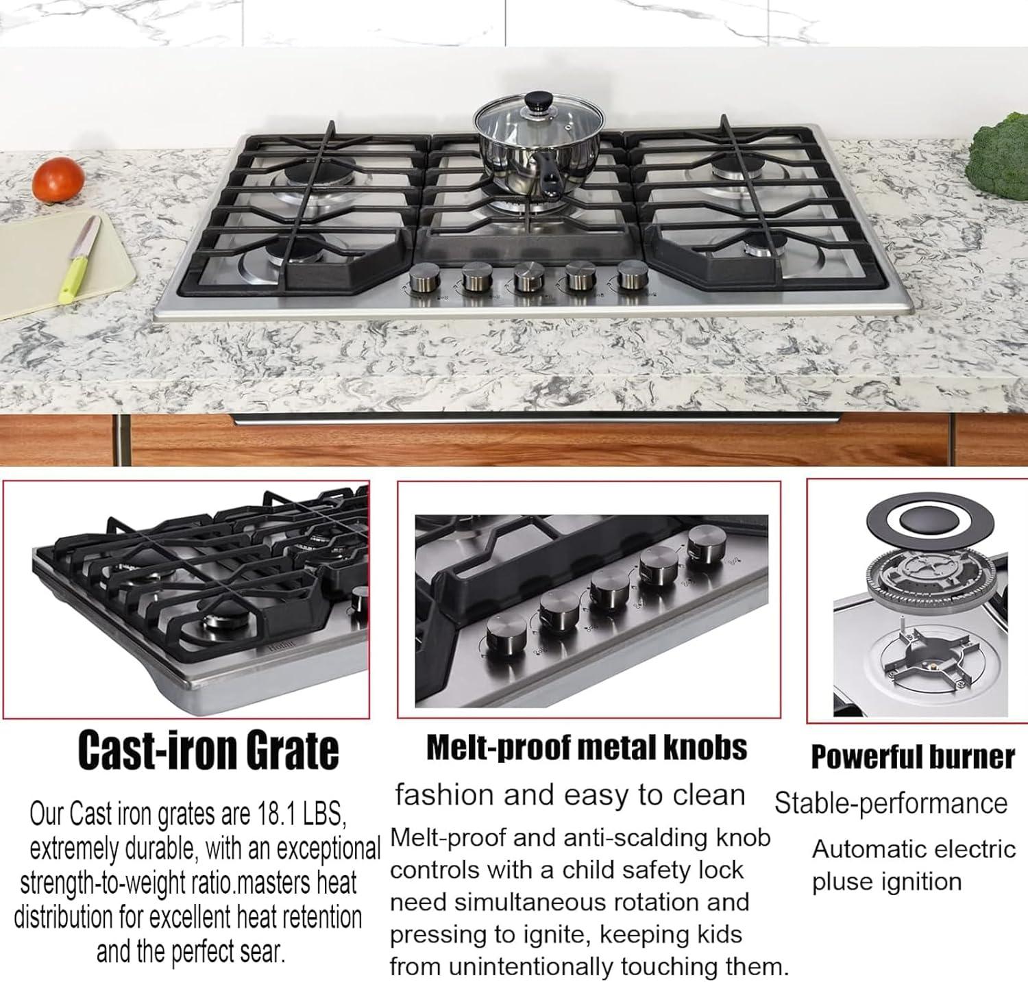 34-Inch Stainless Steel 5-Burner Gas Cooktop with Cast Iron Grates