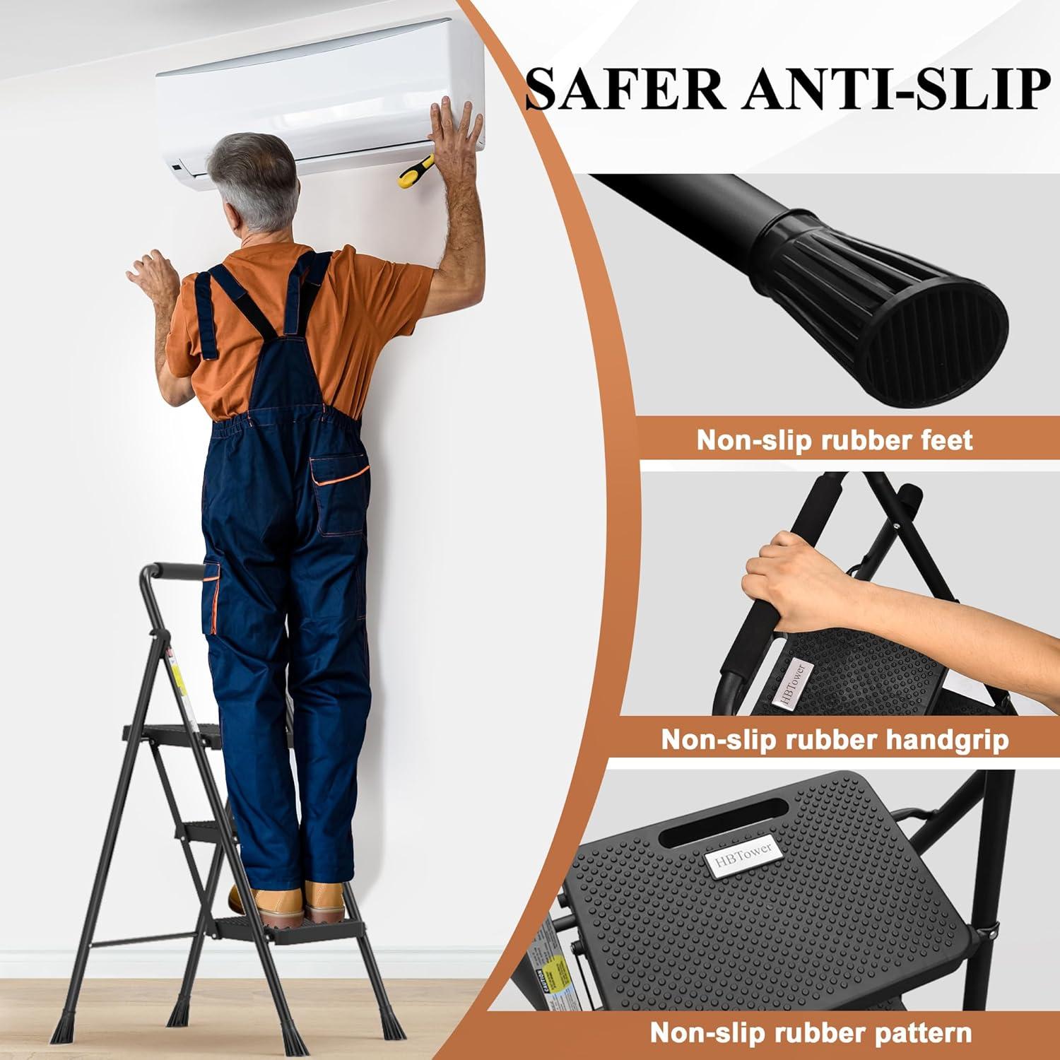 Black Folding 3-Step Ladder with Cushioned Handle