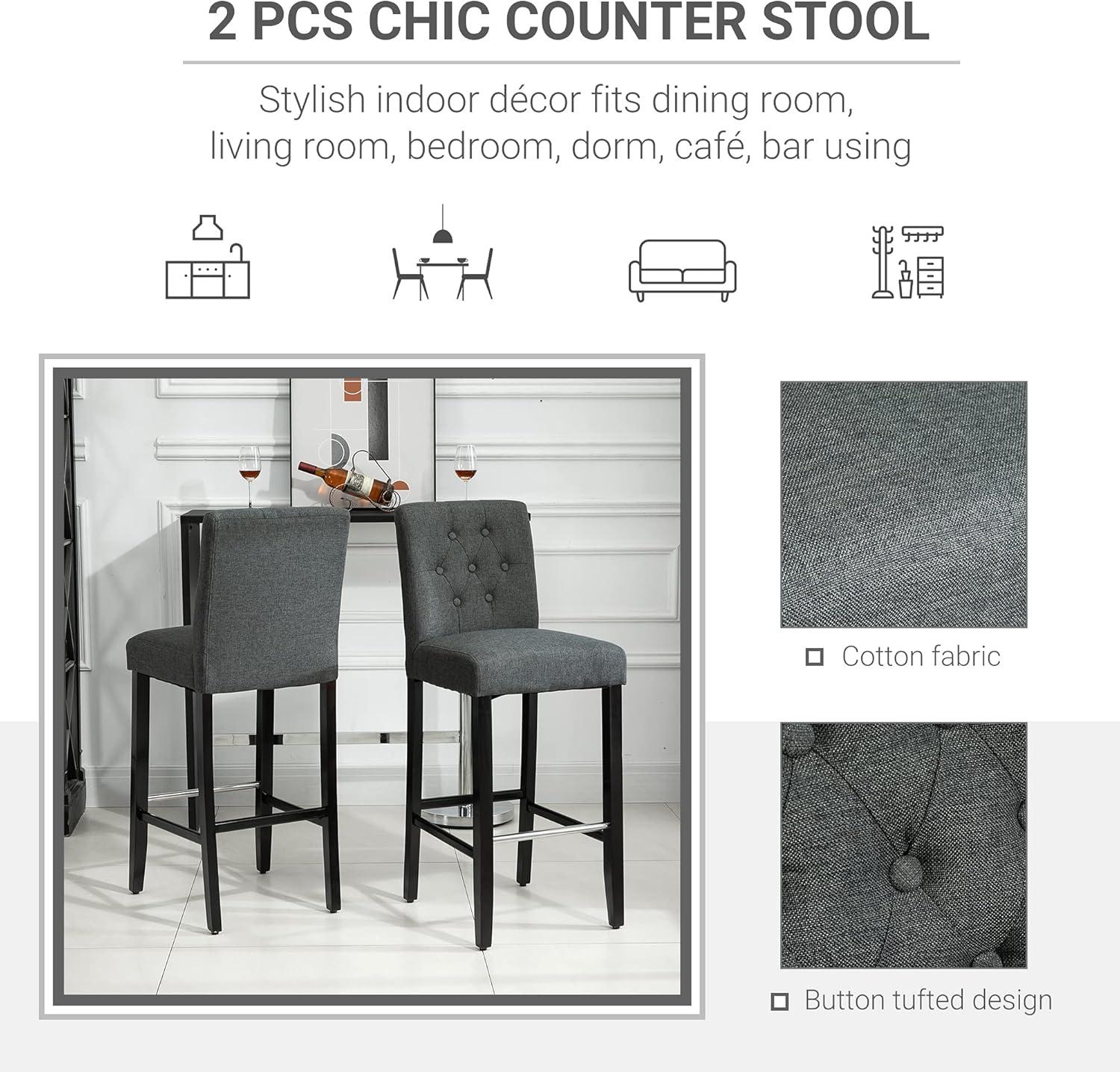 HOMCOM 2 Piece Barstools Linen Upholstered Breakfast Stools with Back, Footrest, ,Armless Seat for Kichen Dining Room,Solid Wood Leg, Gray