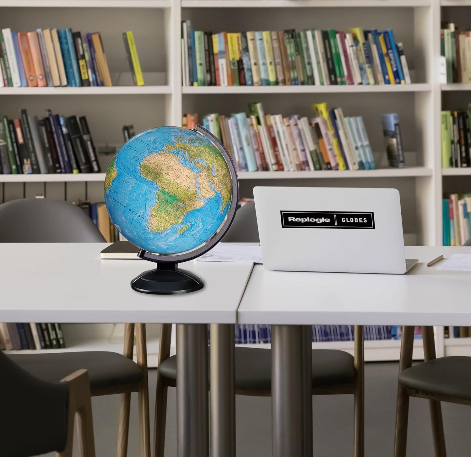 Replogle Ready to Assemble World 12" Diameter Globe, USA Cartography, Modern Acrylic Globe Stand and Blue Ocean Globe Ball. Easy to assemble globe that shows both Political and Vegetative information including political borders and provincial borders, major ocean currents, detailed lakes, rivers, tributaries and canals.