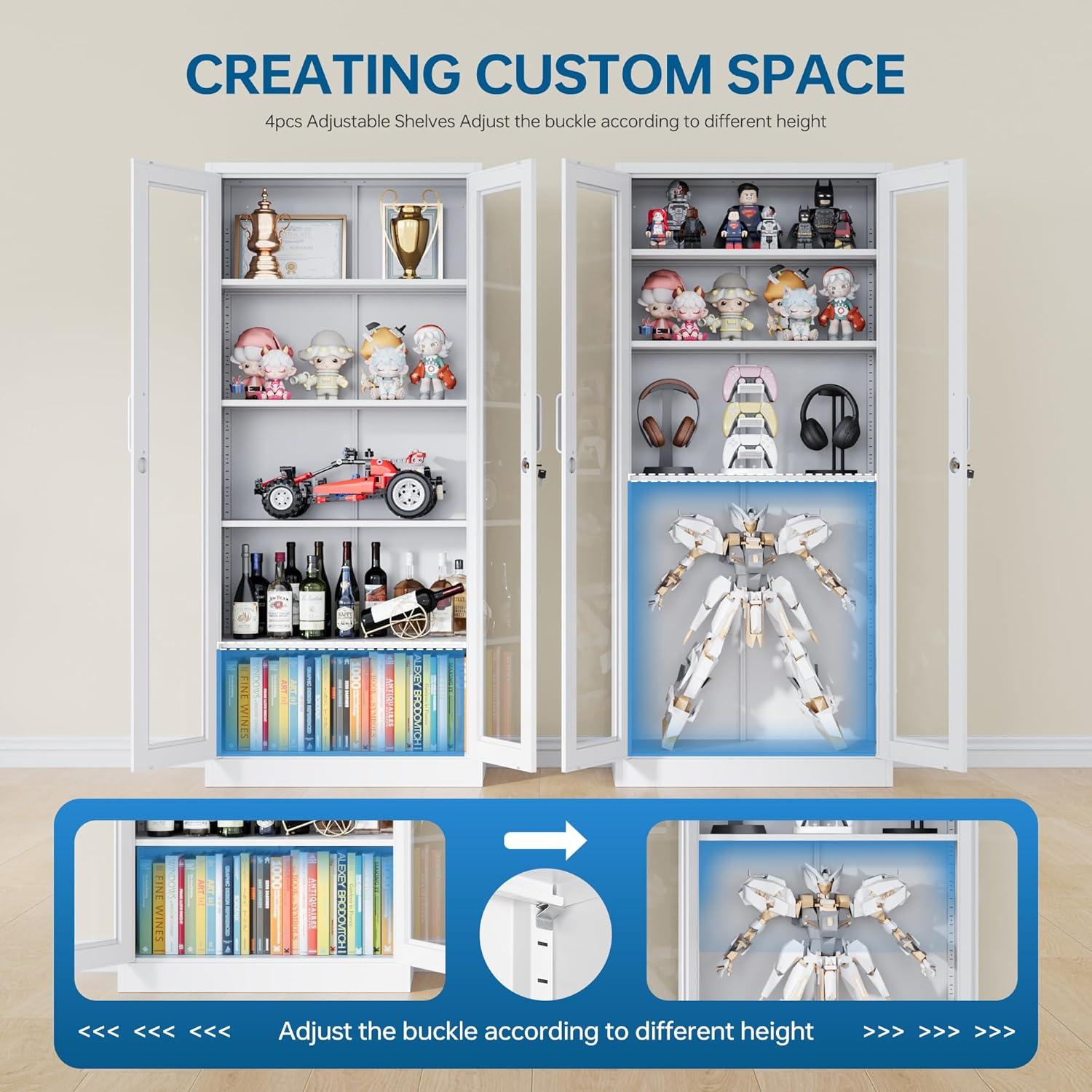 Display Cabinet With Glass Doors, Curio Cabinets With 4 Adjustable Shelves, Locking Glass Cabinet Display Case For Home, Office, Clinic, Pantry, Assemble Required