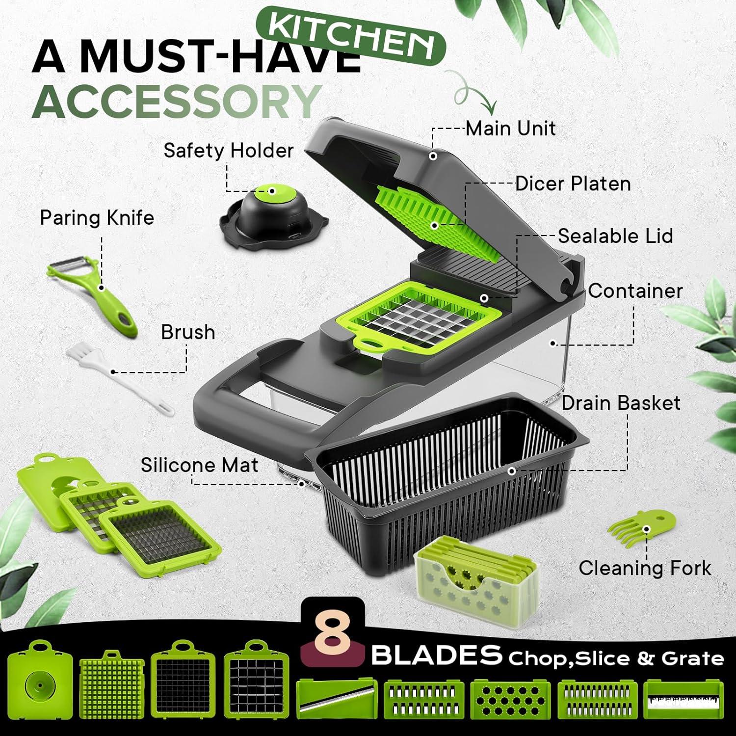 Vegetable Chopper,Pro Onion Chopper,14 in1 Multifunctional Food Chopper,Kitchen Veggie Chopper with 8 Blades,Vegetable Chopper With Container ,Vegetable Slicer Dicer Cutter,Salad,Garlic Chopper