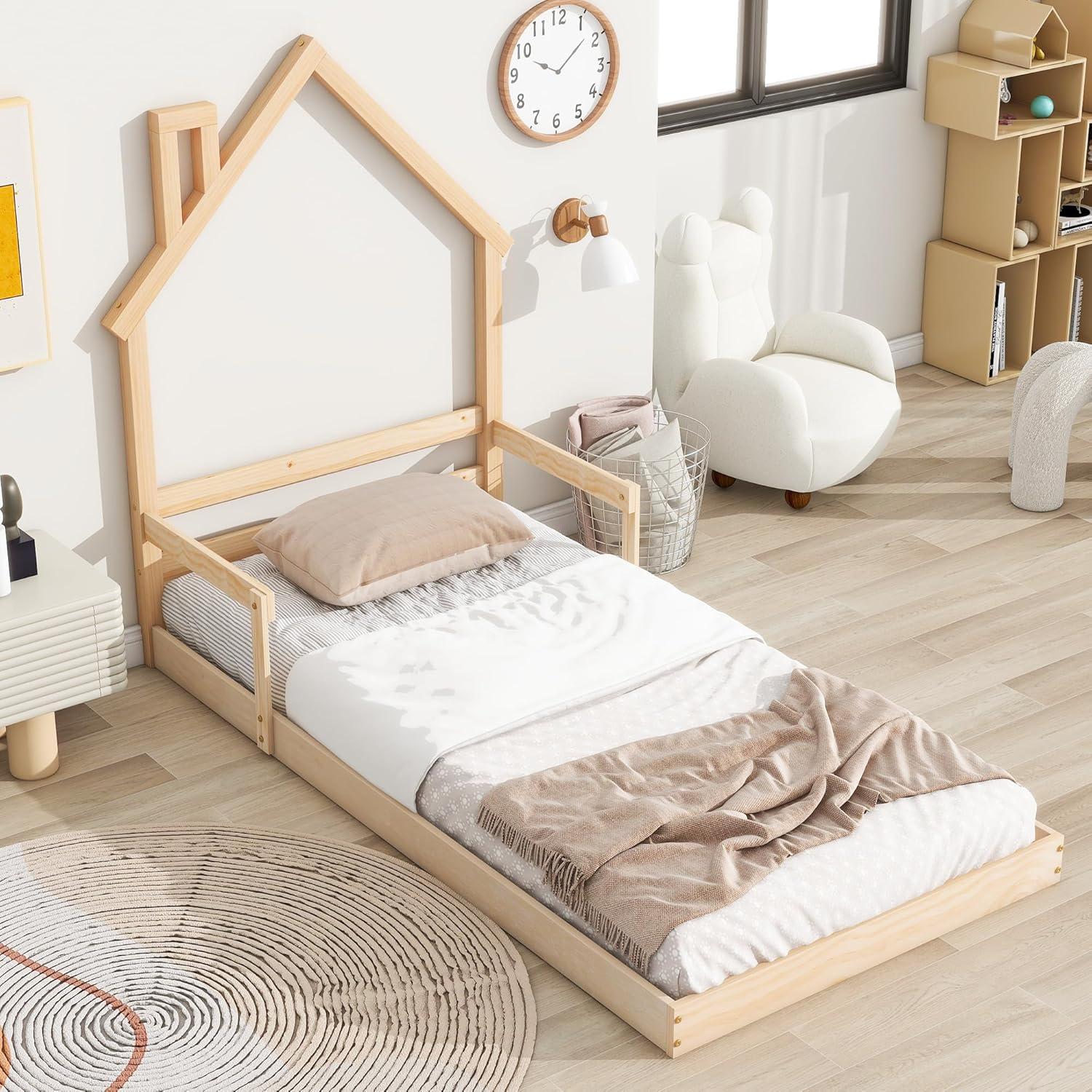 Sesslife Twin Bed Frame with House-Shape Headboard, Wood Platform Bed with Guardrail for Kids Teens, Cute Floor Bed with Strong Wood Slats Support, Easy Assembly, No Box Spring Needed, Oak
