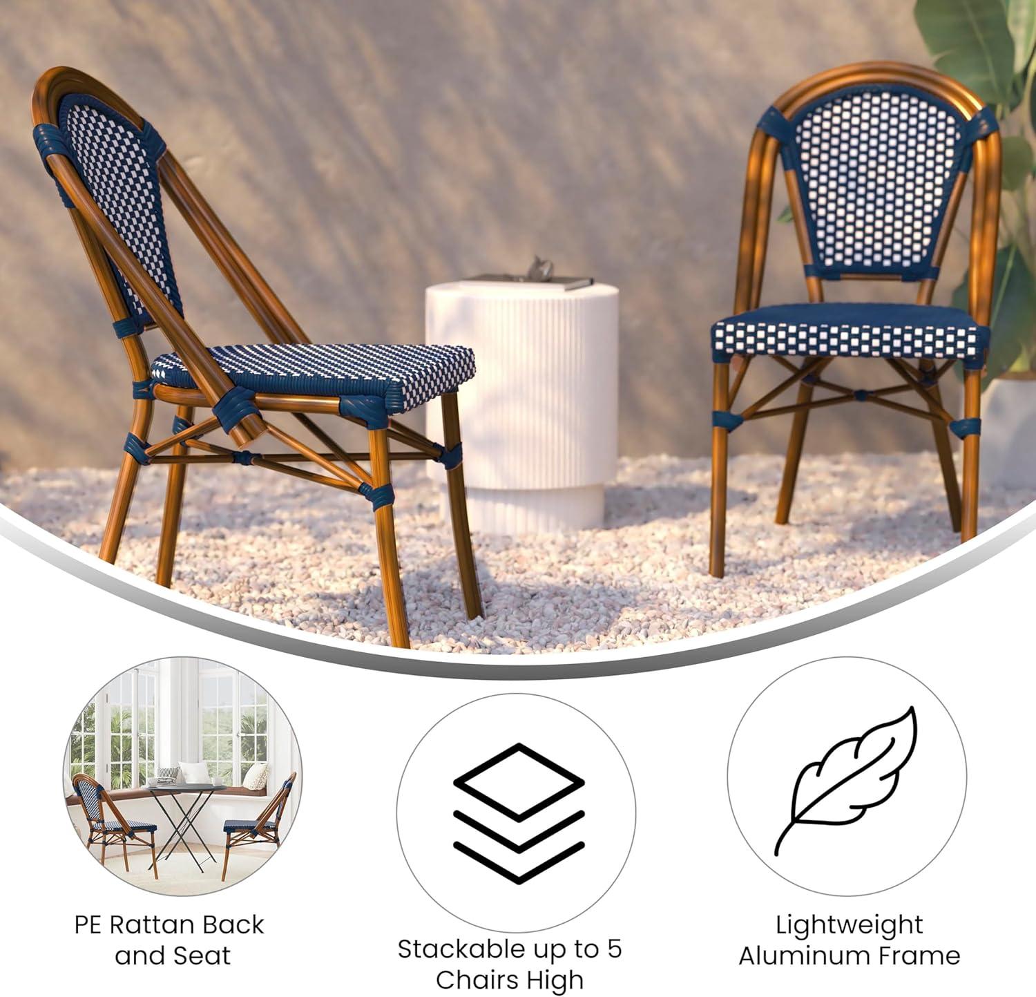 Flash Furniture Bordeaux Set of 2 Indoor/Outdoor Commercial Bistro Stacking Chairs, PE Rattan Back and Seat, Bamboo Print Aluminum Frame