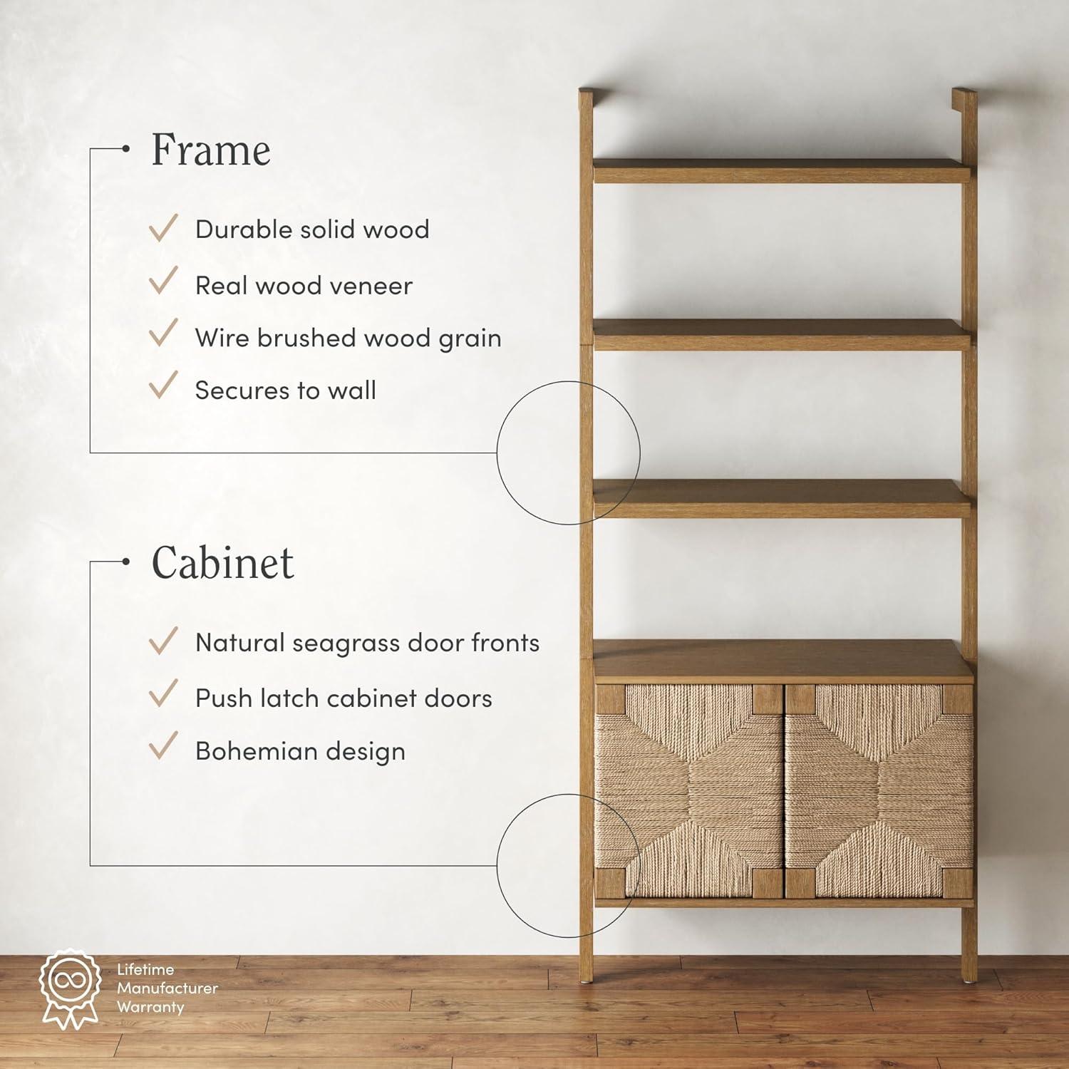 Brown Wood 3-Shelf Bookcase with Seagrass Doors