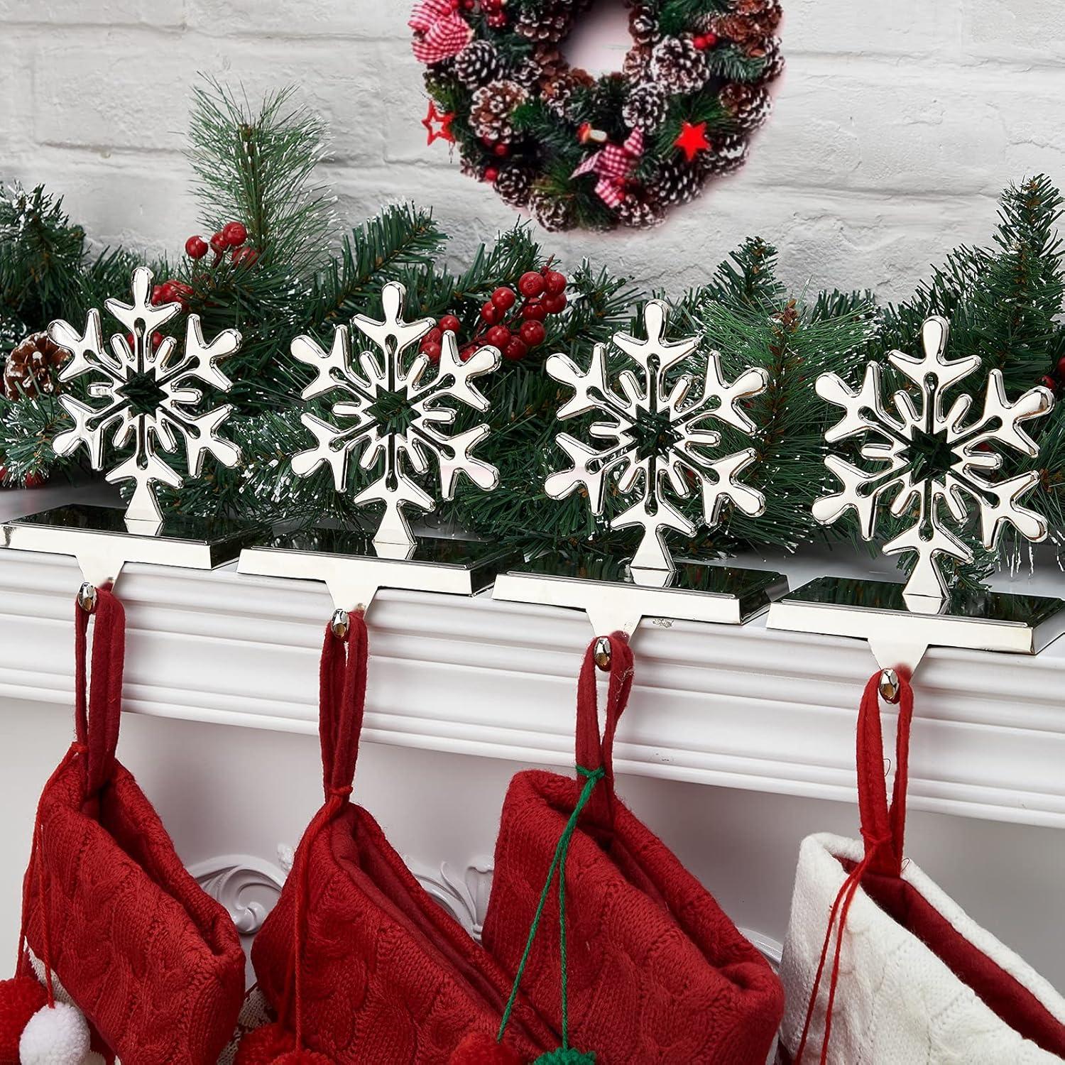 Christmas Stocking Holders for Mantle Sliver Snowflake Stocking Hanger Hooks for Fireplace Christmas Decorations 4 Pieces