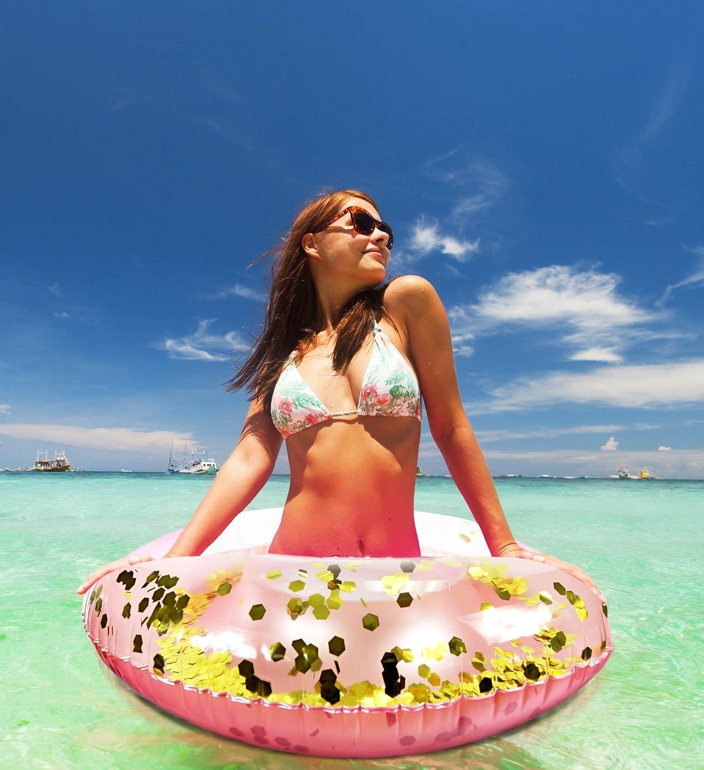 POZA Inflatable Rose Gold Full House Bundle - Premium Luxurious Sparkle Confetti 36" Pool Float Tube, 16" Beach Balls, 74" Pool Noodles, 48" Pool Chair, and 56" Water Hammock - 7 Pieces Pack