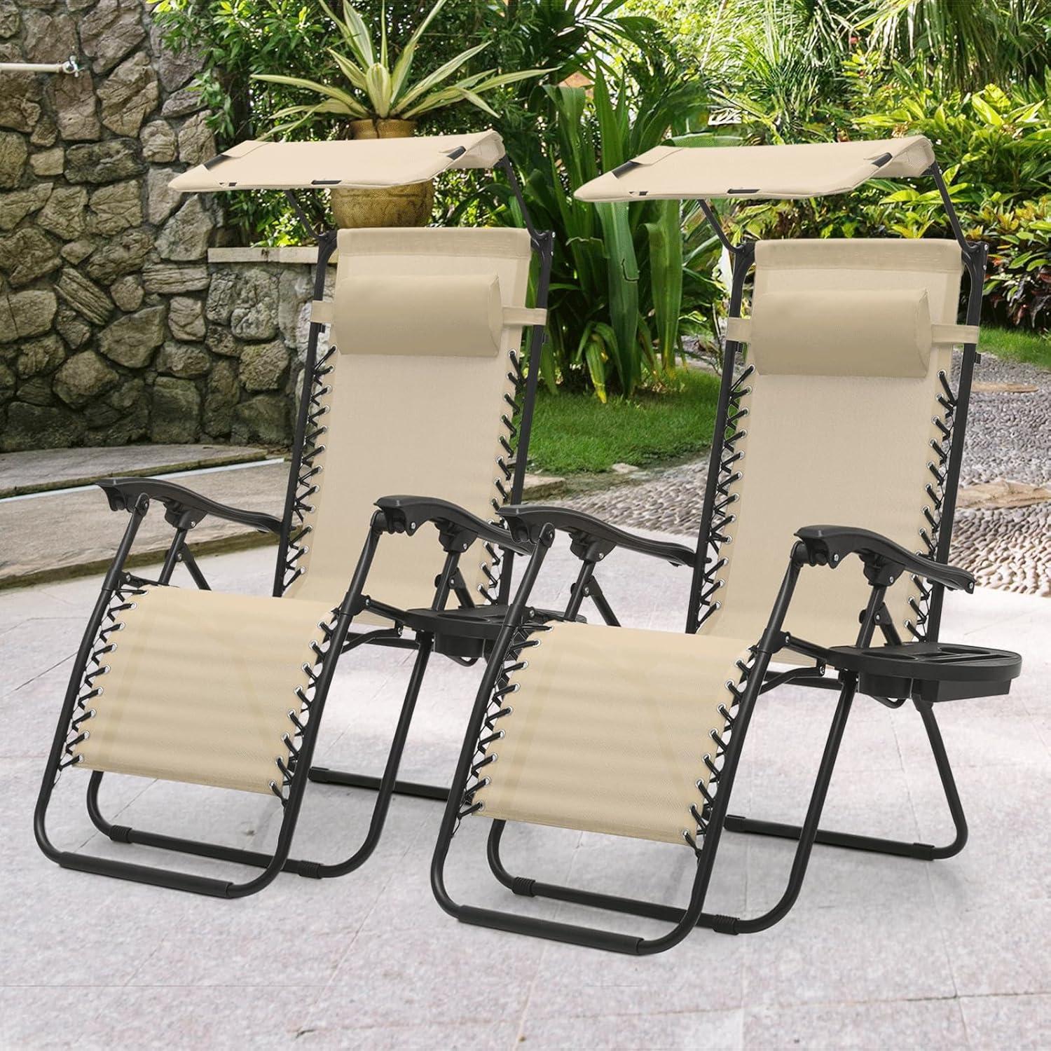 MoNiBloom Zero Gravity Chairs, Folding Outdoor Patio Beach Recliner with Canopy Shade & Headrest, Cream