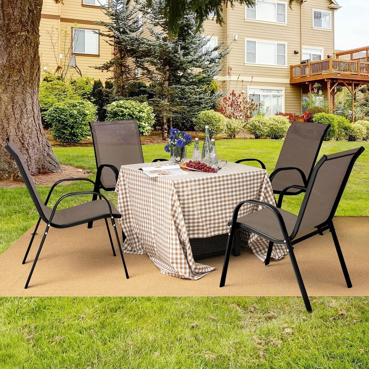 Tangkula 4PCS Patio Stacking Dining Chairs w/ Curved Armrests & Breathable Seat Fabric Brown