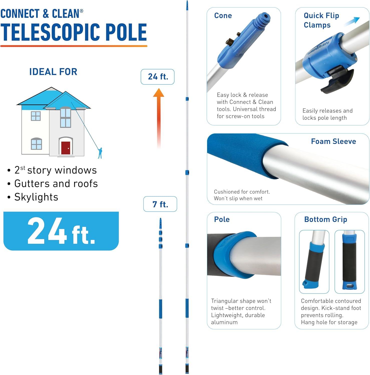24 ft Silver Aluminum Telescoping Cleaning Pole with Quick-Flip Clamps