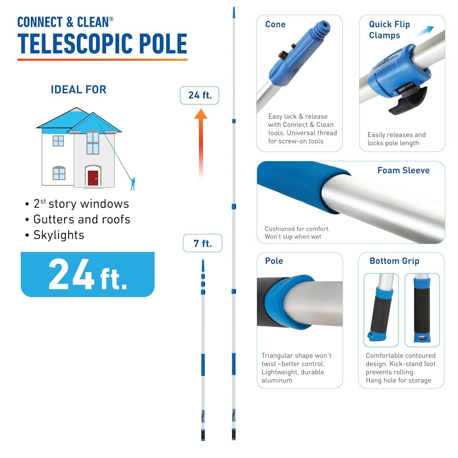 24 ft Silver Aluminum Telescoping Cleaning Pole with Quick-Flip Clamps