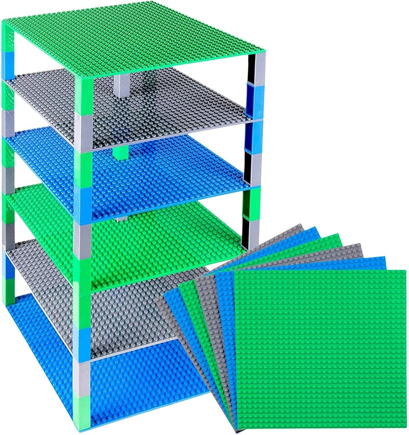 Strictly Briks Toy Building Block - Classic Baseplates 10" x 10" Brik Tower, 6 Baseplates & 50 Stackers in Blue Green & Gray, 56 Pc