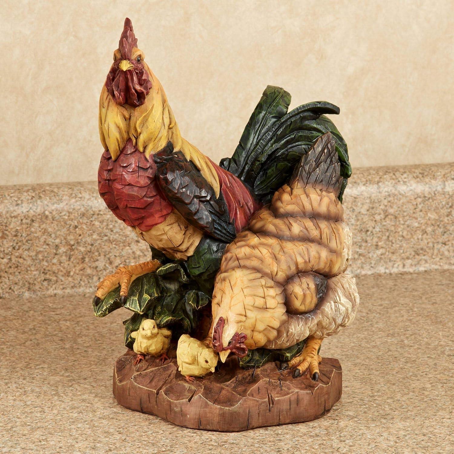 Handcarved Resin Rooster and Hen Family Sculpture in Multicolor