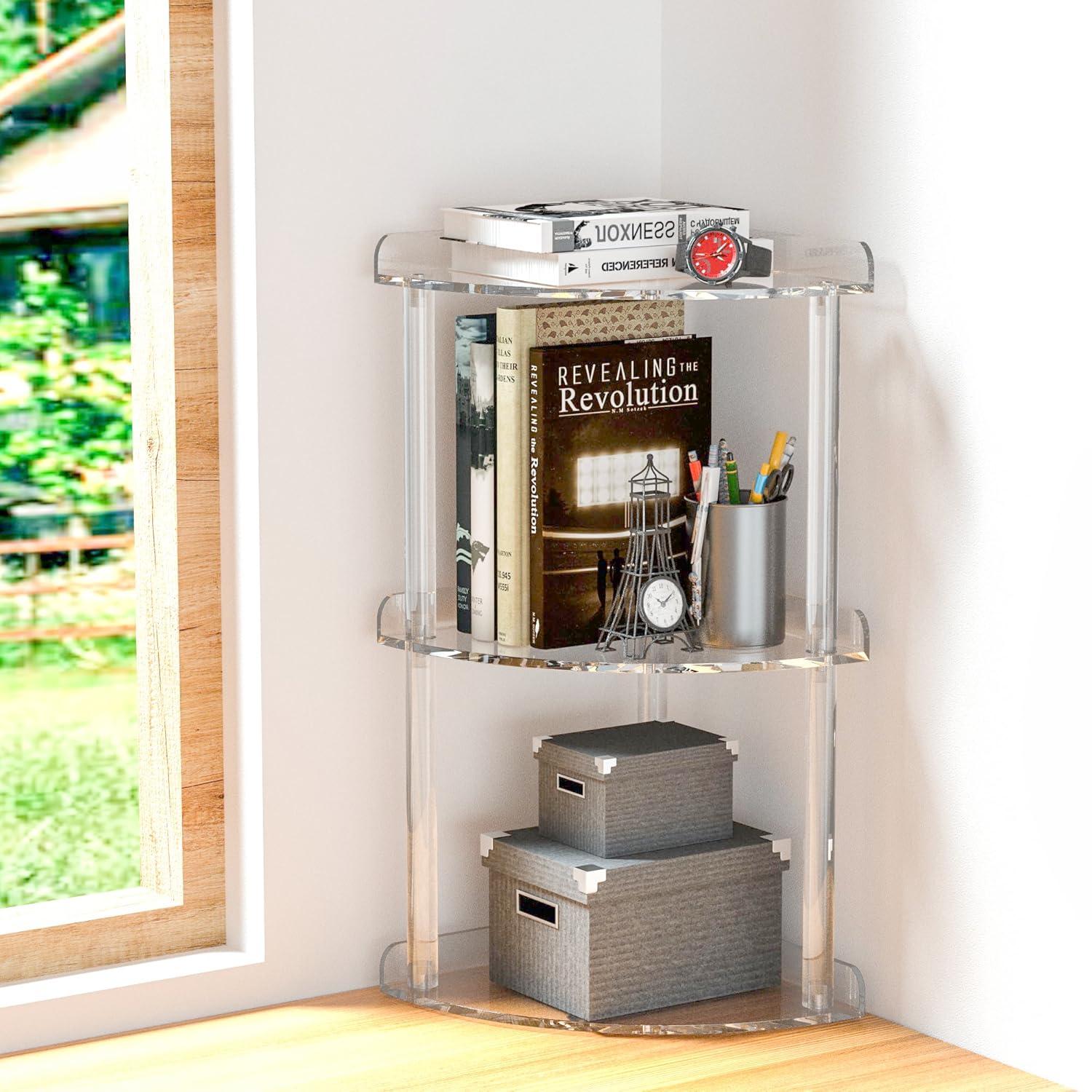 3 Tier Acrylic Corner Shelf Organizer Storage 9.5x9.5x15.7 Inch, Transparent Countertop Corner Shelf for Bathroom, Kitchen, Bedroom, Office, Study Room