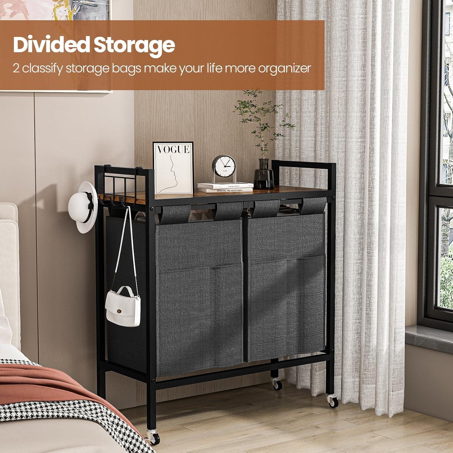 VASAGLE 46L Laundry Hamper Laundry Basket with 2 Pull-Out Bags Laundry Sorter with Shelf Rustic Brown and Black