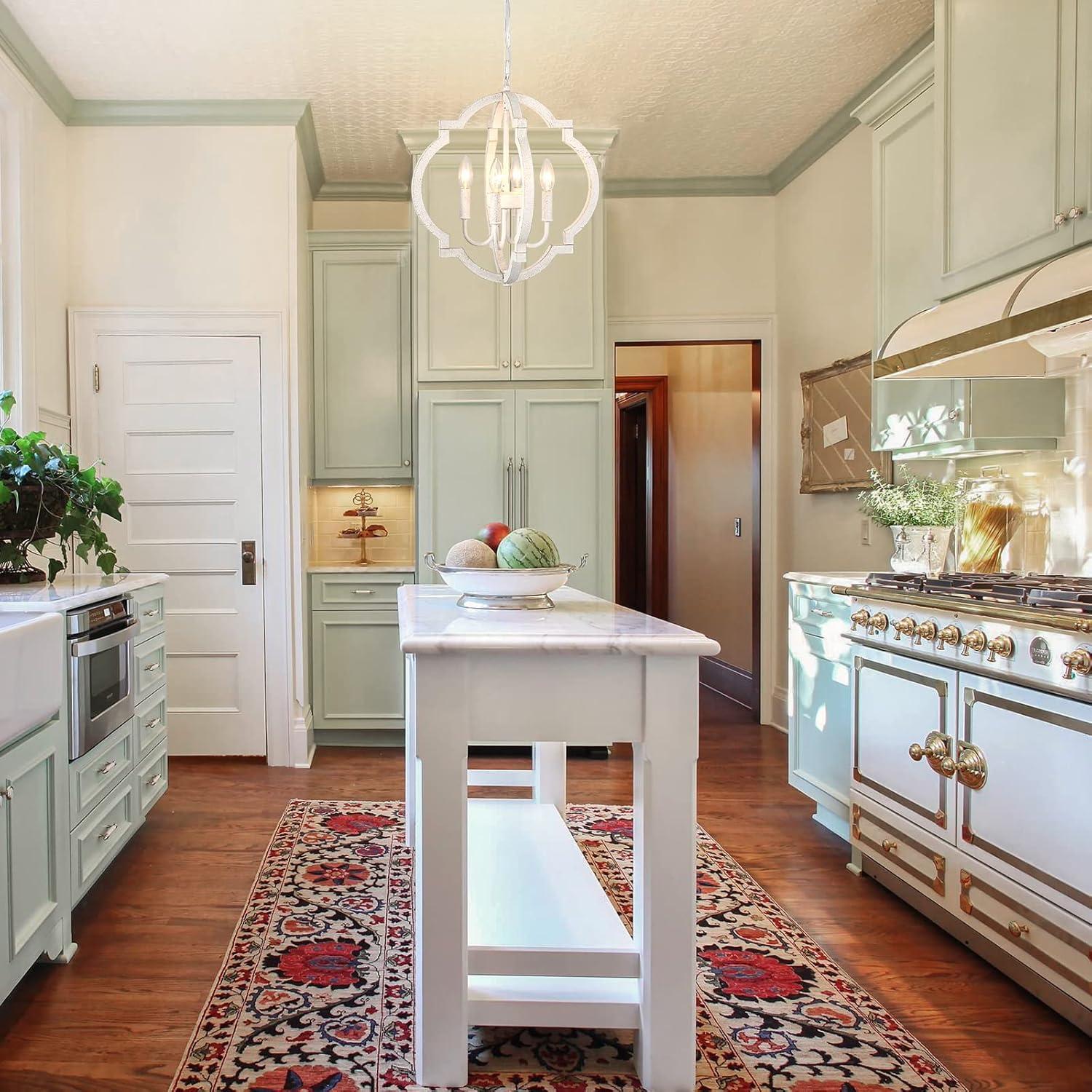 Farmhouse Chandelier Rustic Orb Chandeliers for Dining Room White Wooden Pendant Lighting 4 Light Small French Country Hanging Light Fixtures for Kitchen Island Living Room Bedroom Entryway