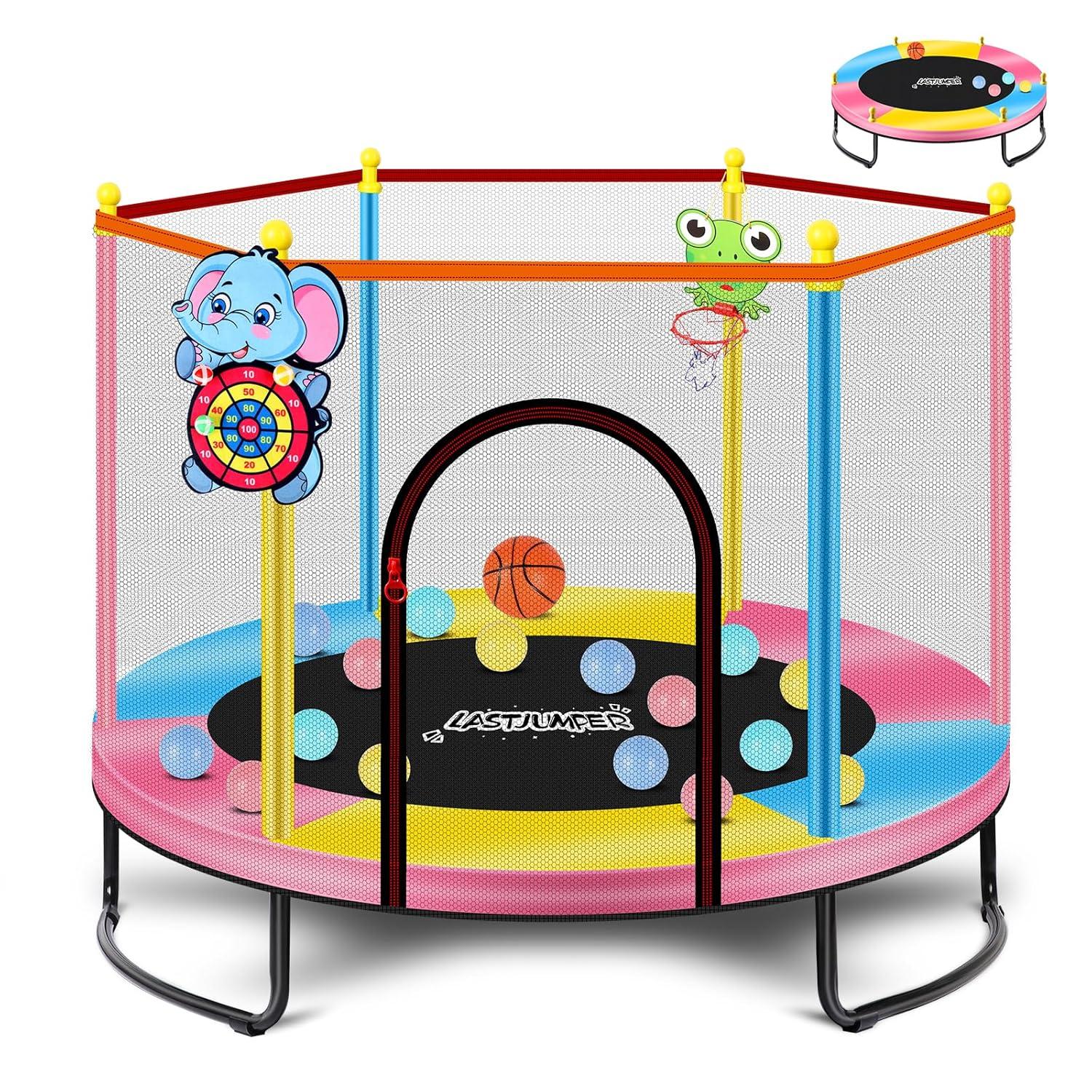 Pink Indoor Trampoline for Kids 2-5, 5ft Mini Indoor & Outdoor Small Toddler Trampoline with Net and Basketball Hoop