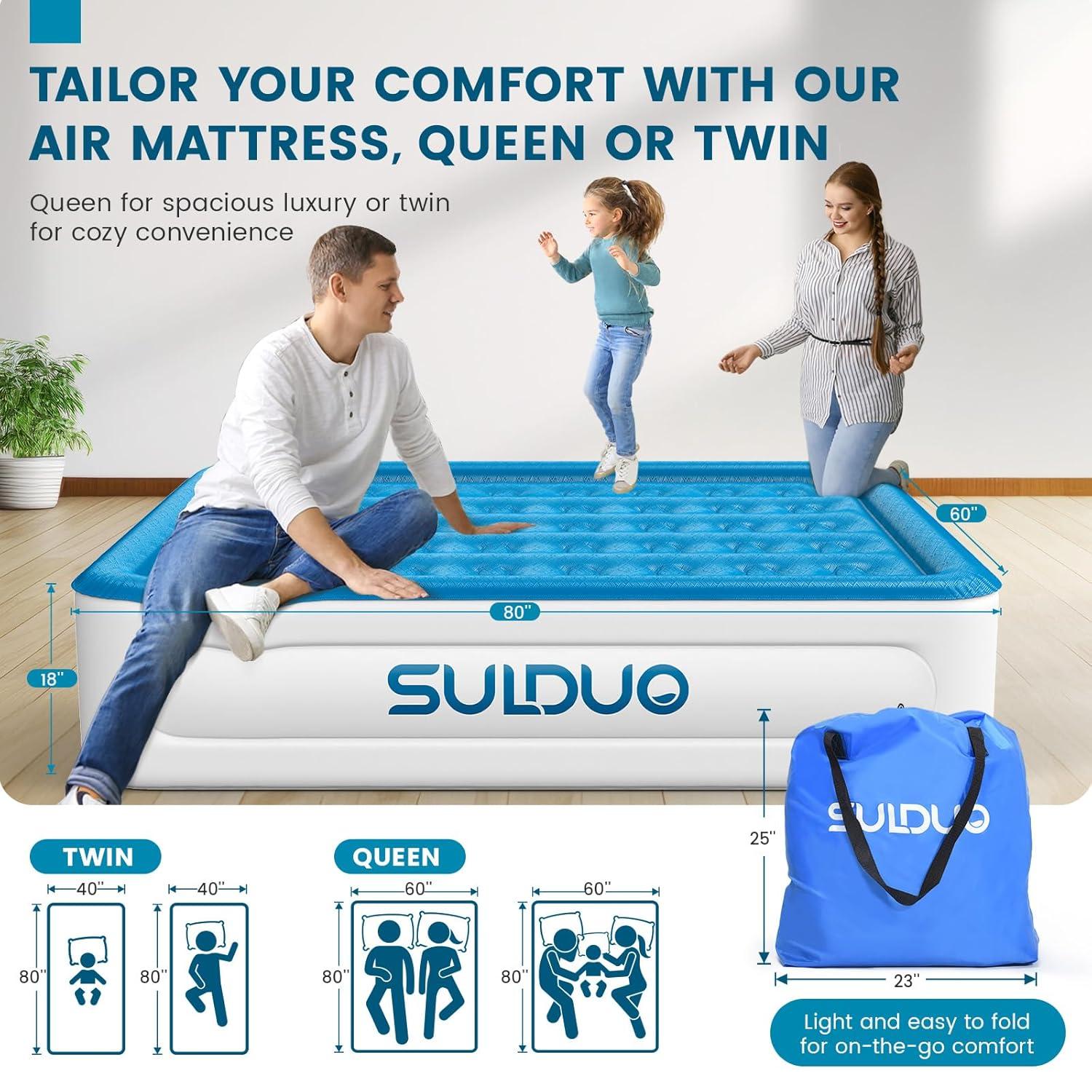 Luxury Air Mattress Queen with Built in Pump, 18'' High Double Blow Up Mattress, Self Inflating Air Bed with Flocked Top and Carry Bag, Durable Portable Airbed for Home Guest and Camping, Blue