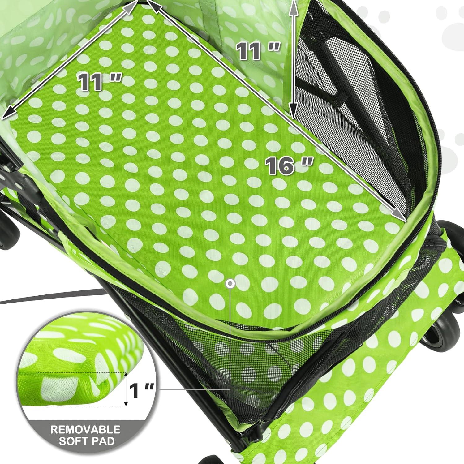 MoNiBloom 4 Wheel Foldable Lightweight Pet Trolley for Cats & Dogs, Lawn Green with White Polka Dots