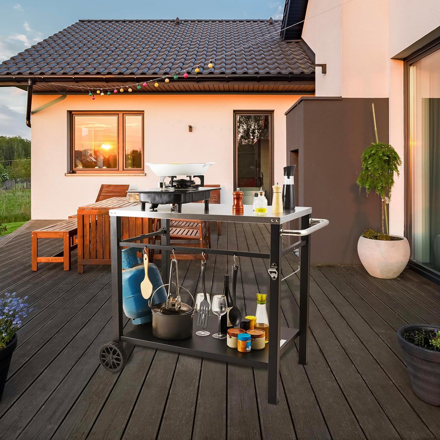 VEVOR Outdoor Grill Dining Cart with Double-Shelf, BBQ Movable Food Prep Table, Multifunctional Foldable Iron Table Top, Portable Modular Carts
