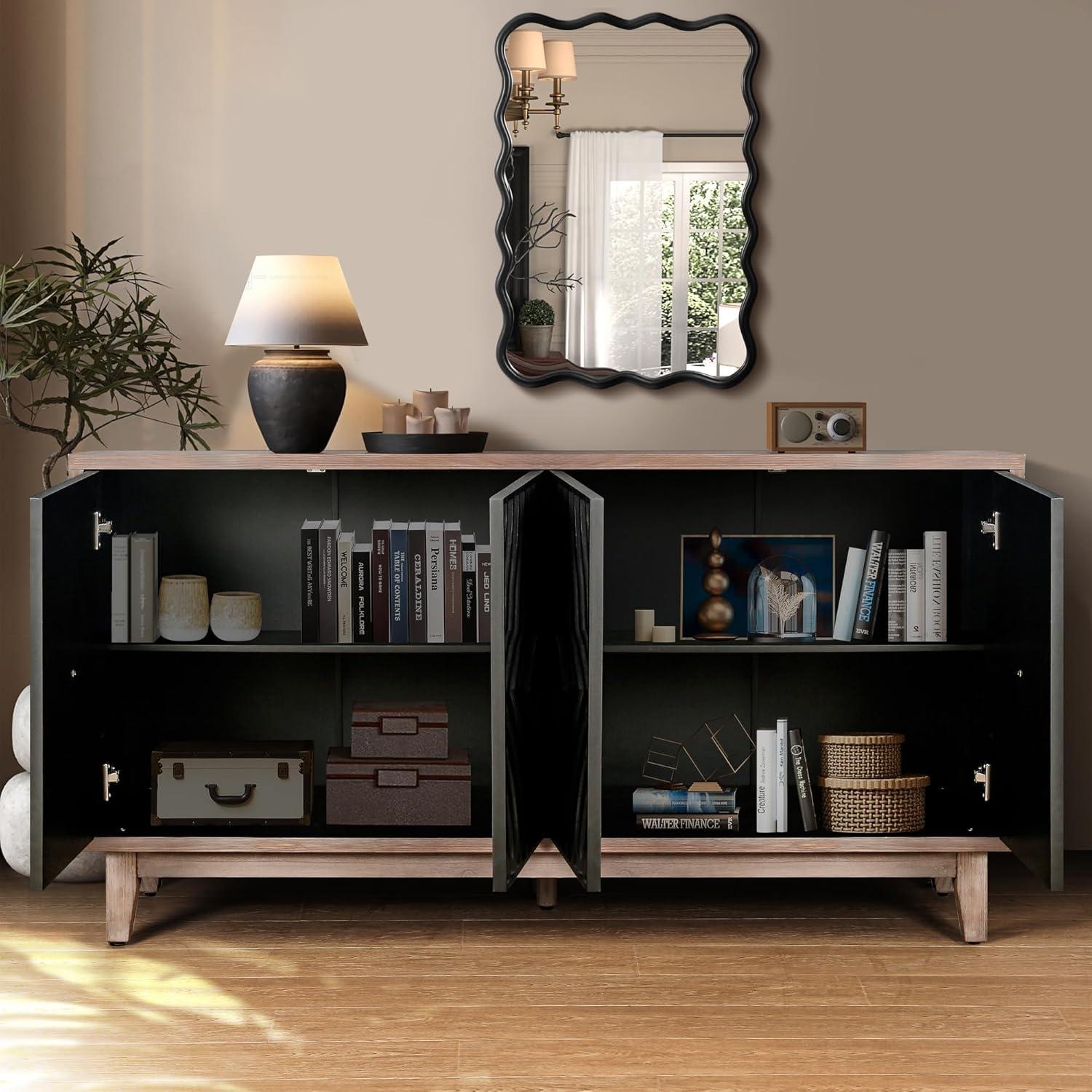 Mid-Century Black and Walnut Sideboard Buffet Cabinet with Diamond Pattern Doors