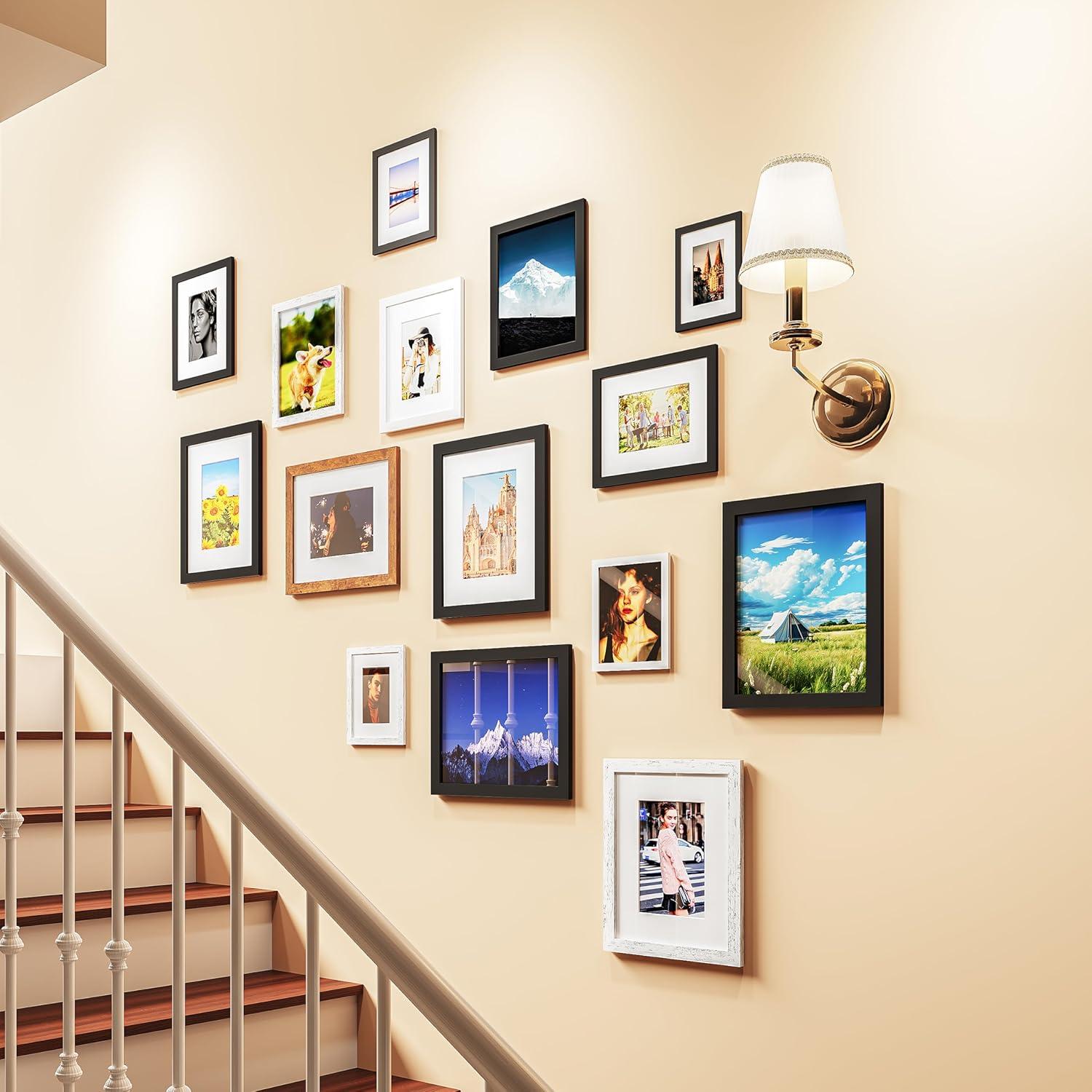 Picrit 8.5x11 Picture Frame Set of 12, Display 6x8 with Mat or 8.5 x 11 without Mat, Photo Frames for Wall Mounting or Table Top Display, Black