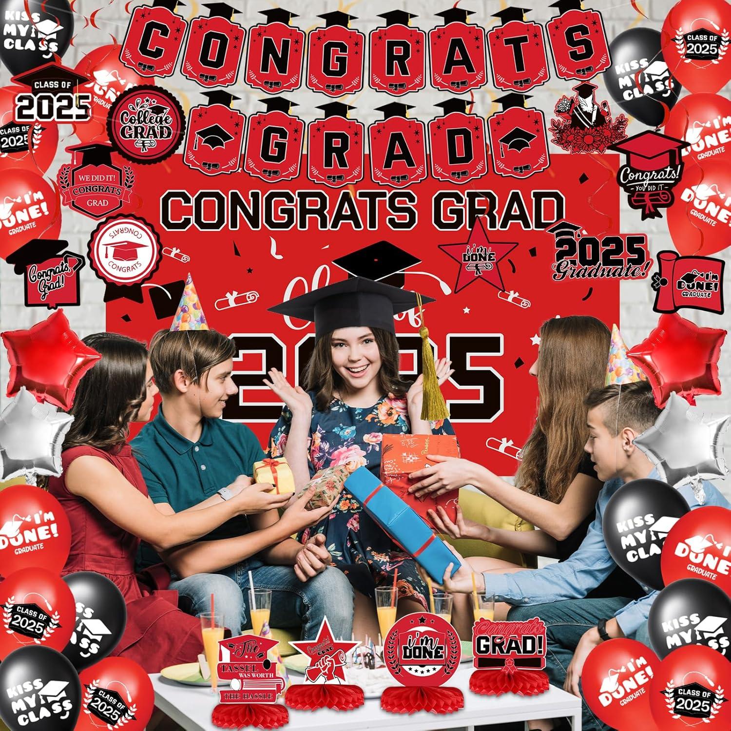 2025 Graduation Party Decoration, Red Gold Themed Set with Congrats Grad Banner, Balloons, Foil Number 2025 for Class of 2025 Graduation Party Supplies