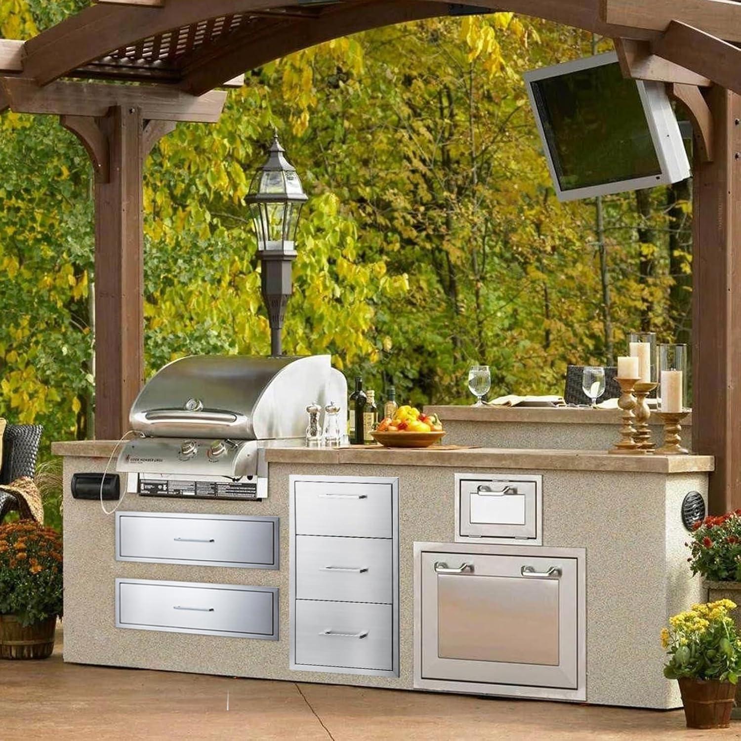17W30H21D Inch Outdoor Kitchen Drawers Stainless Steel Double Drawer w/Paper Towel Holder Combo Works with Your Grilling or Prep Zones for Outdoor BBQ Island