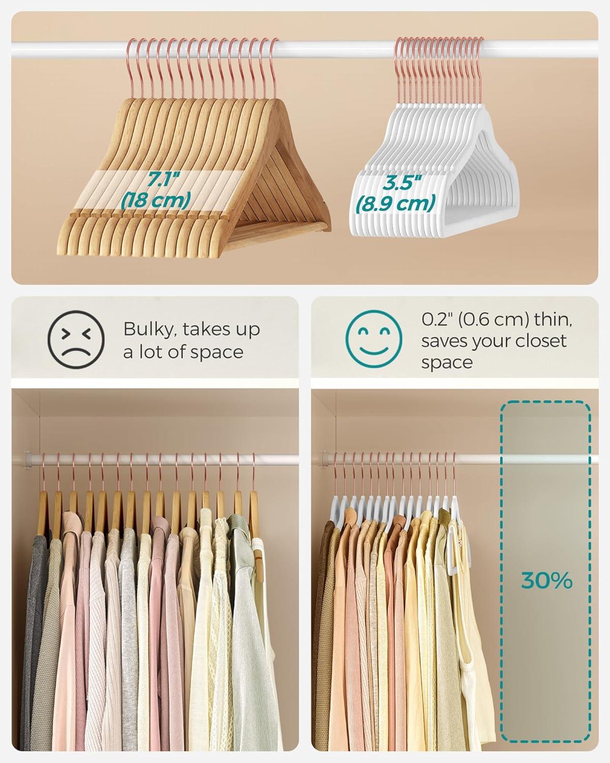 50 Pack Velvet Hangers Non-Slip Clothes Hanger with Rose Gold-Colored Swivel Hooks Space Saving White
