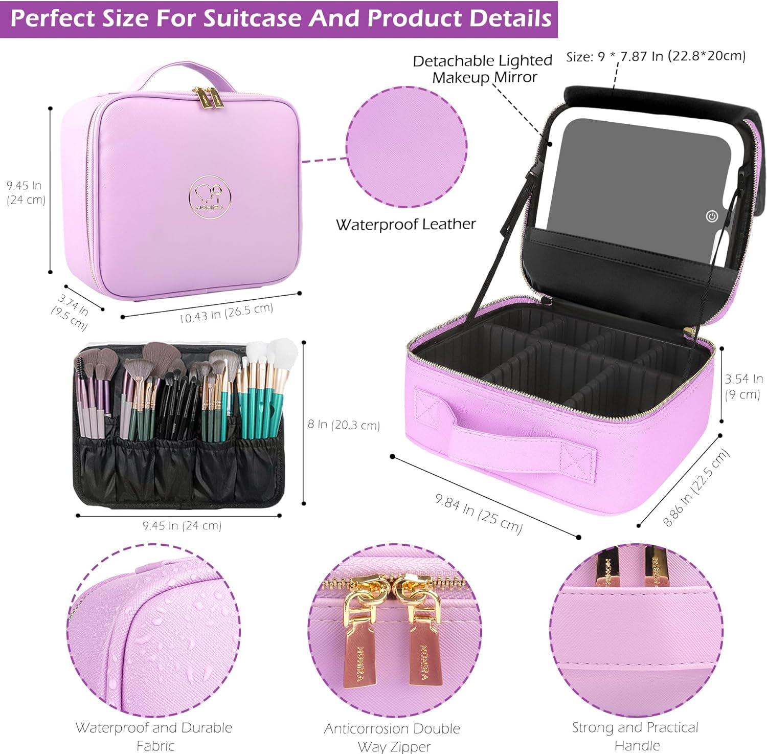MOMIRA Travel Cosmetic Train Case with Lighted Mirror 3 Color Scenarios Cosmetic Bag Organizer with Adjustable Dividers Makeup Storage for Women, Makeup Accessories & Tools Case Purple