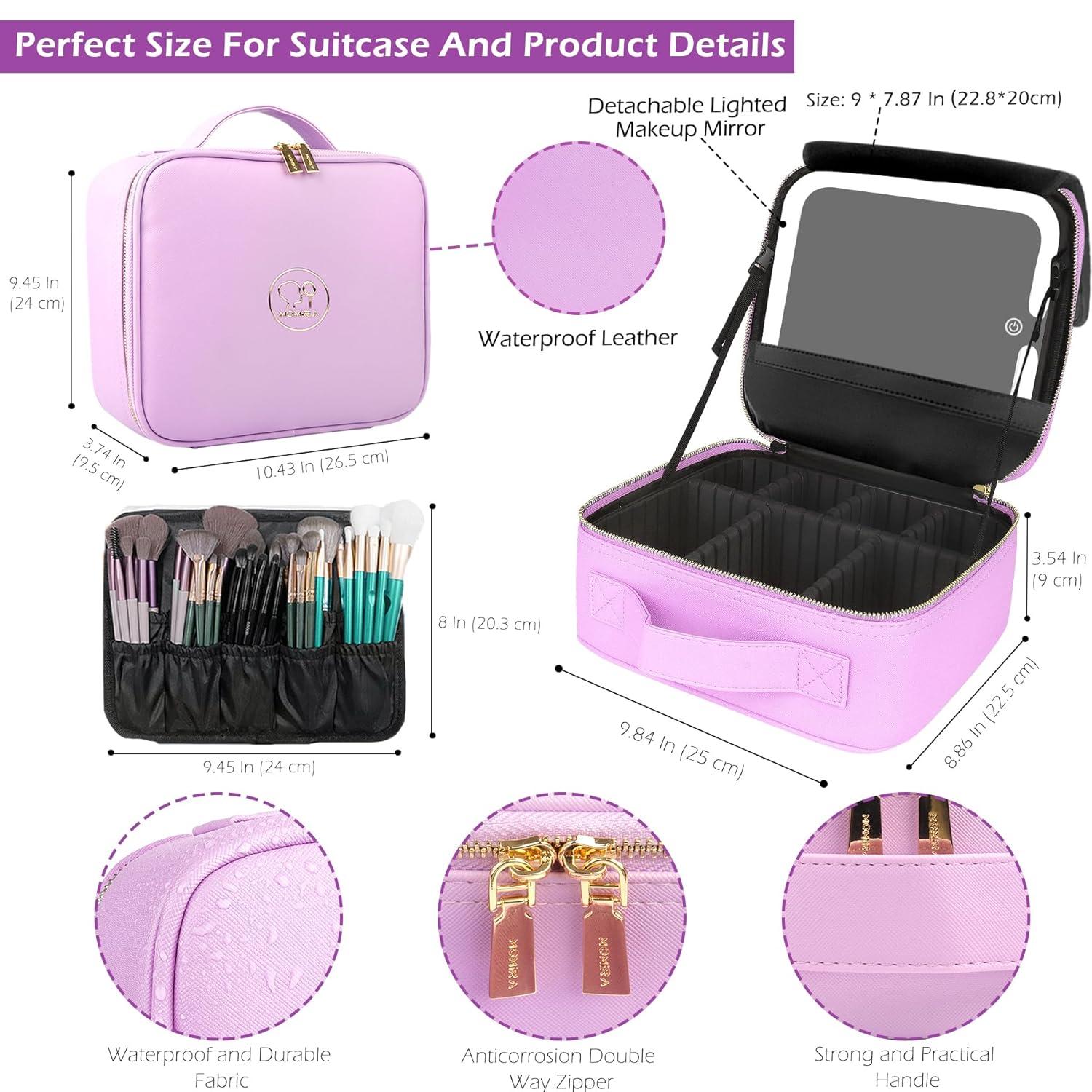 MOMIRA Travel Cosmetic Train Case with Lighted Mirror 3 Color Scenarios Cosmetic Bag Organizer with Adjustable Dividers Makeup Storage for Women, Makeup Accessories & Tools Case Purple