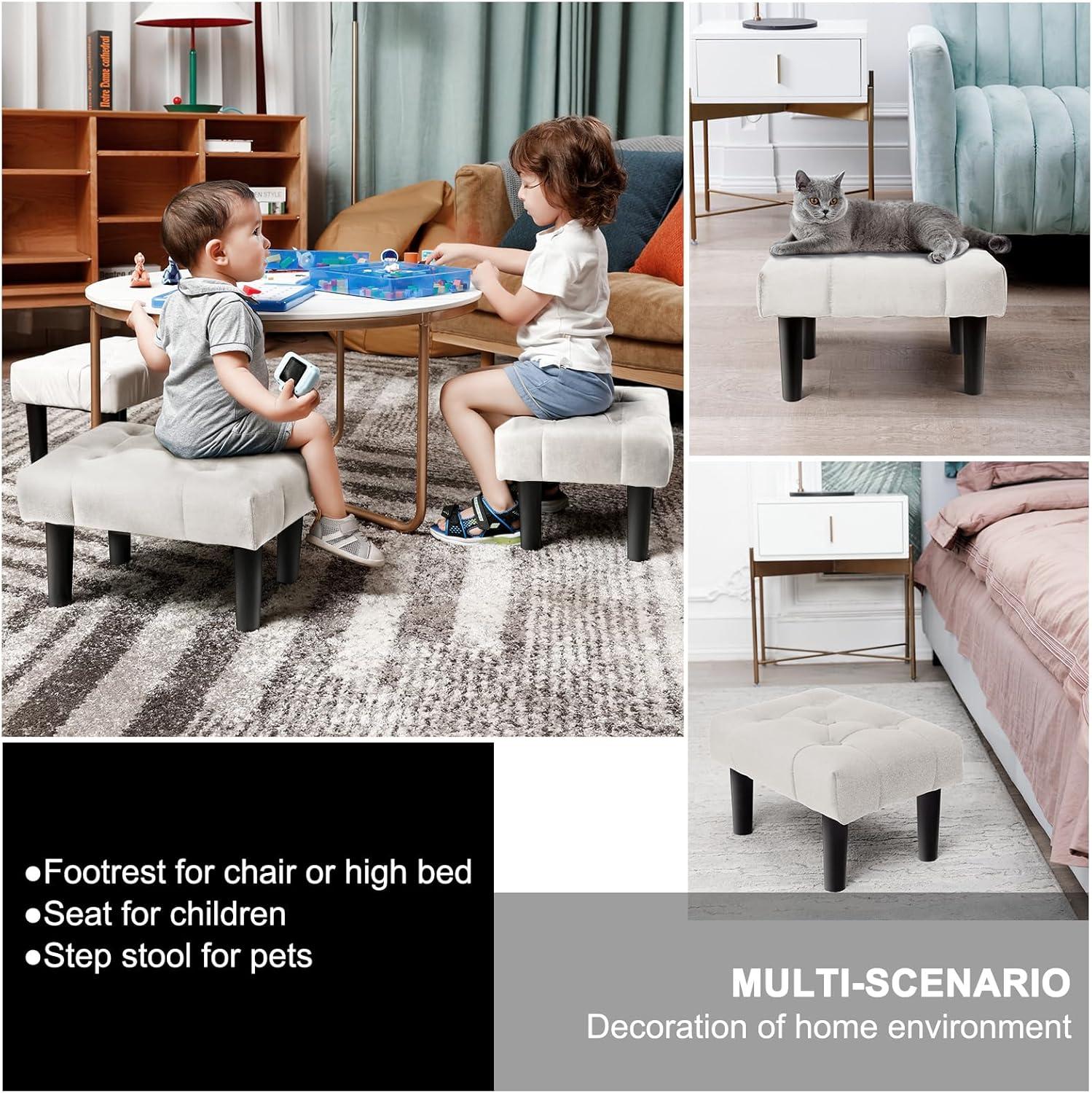 HOUCHICS Small Footstool Ottoman,Velvet Soft Footrest Ottoman with Wood Legs,Sofa Footrest Extra Seating for Living Room Entryway Office(White 1PACK)