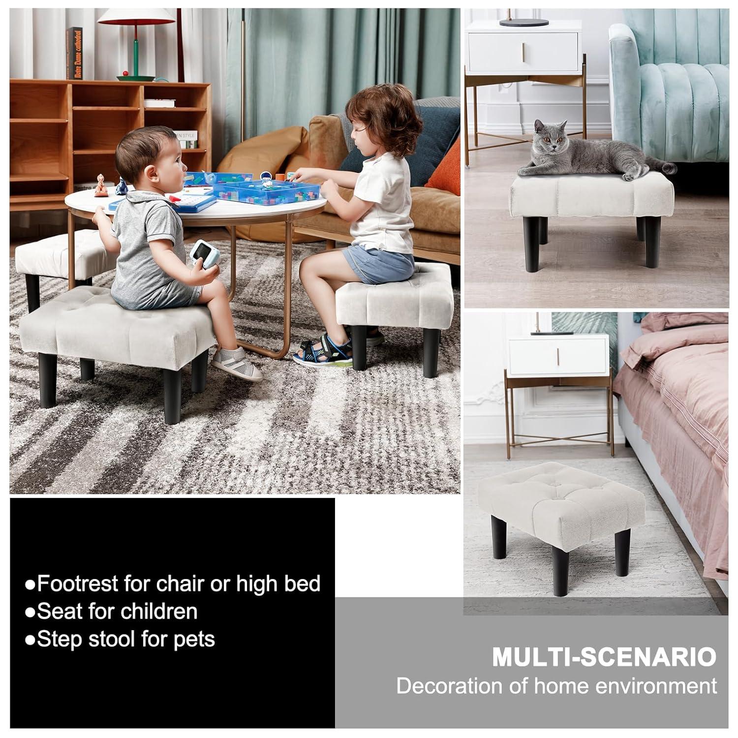 HOUCHICS Small Footstool Ottoman,Velvet Soft Footrest Ottoman with Wood Legs,Sofa Footrest Extra Seating for Living Room Entryway Office(White 1PACK)