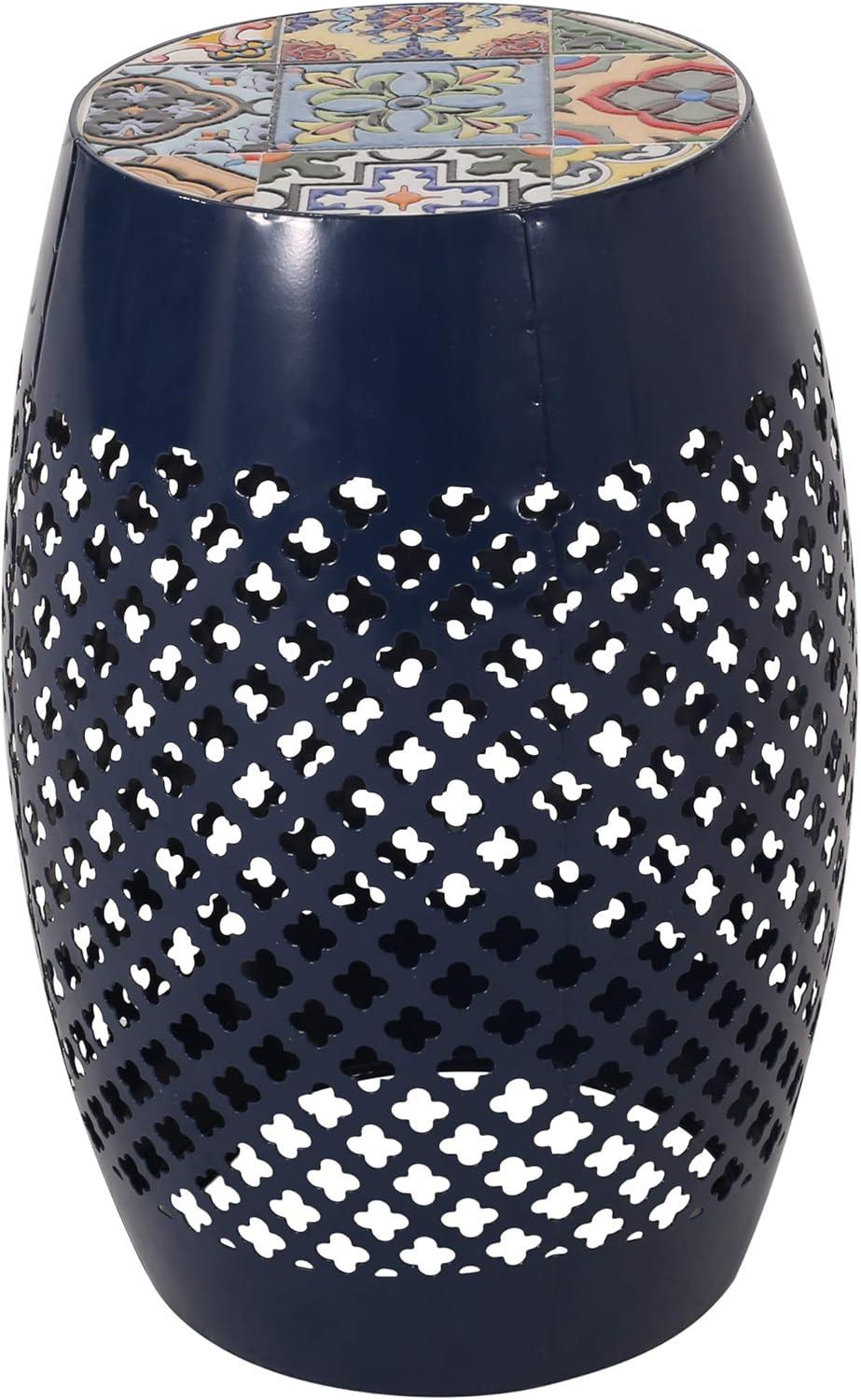 GDF Studio Kalyse Outdoor Lace Cut Side Table with Tile Top, Dark Blue and Multicolored