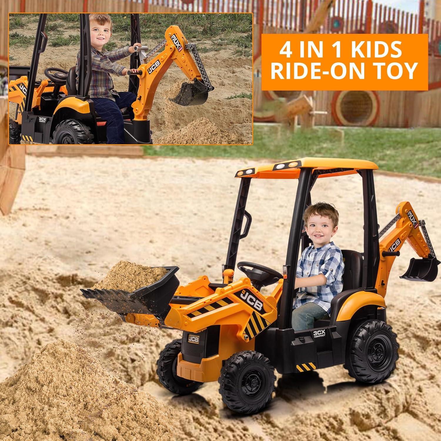 iRerts 4 In 1 Excavator Ride On Toy with Remote Control for Boys, 12V Electric Construction Excavator Tractor Ride On Toy Car w/Front Loader, Digging Bucket, Digger, Ceiling  for Kids 3-6, Yellow