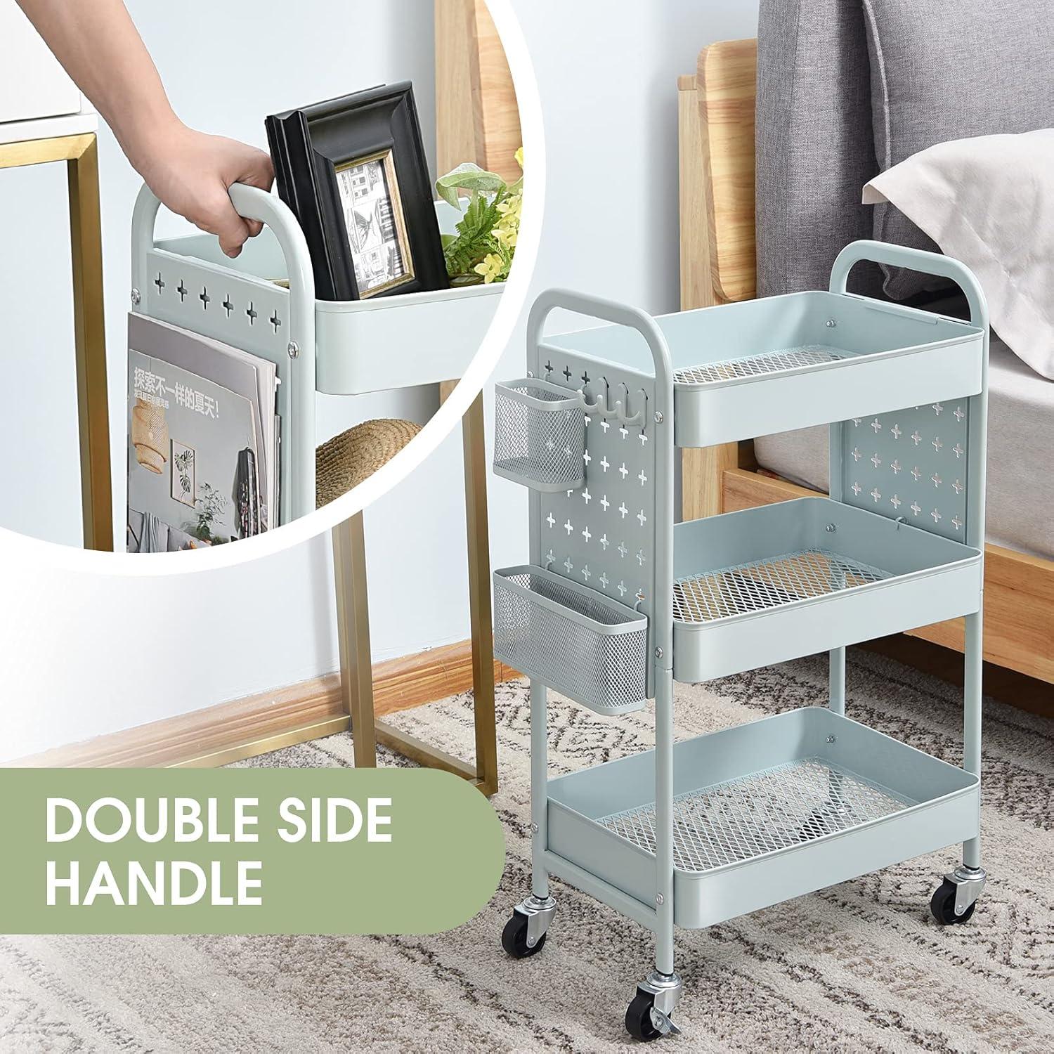 Green Metal 3-Tier Rolling Utility Cart with Pegboards and Hooks