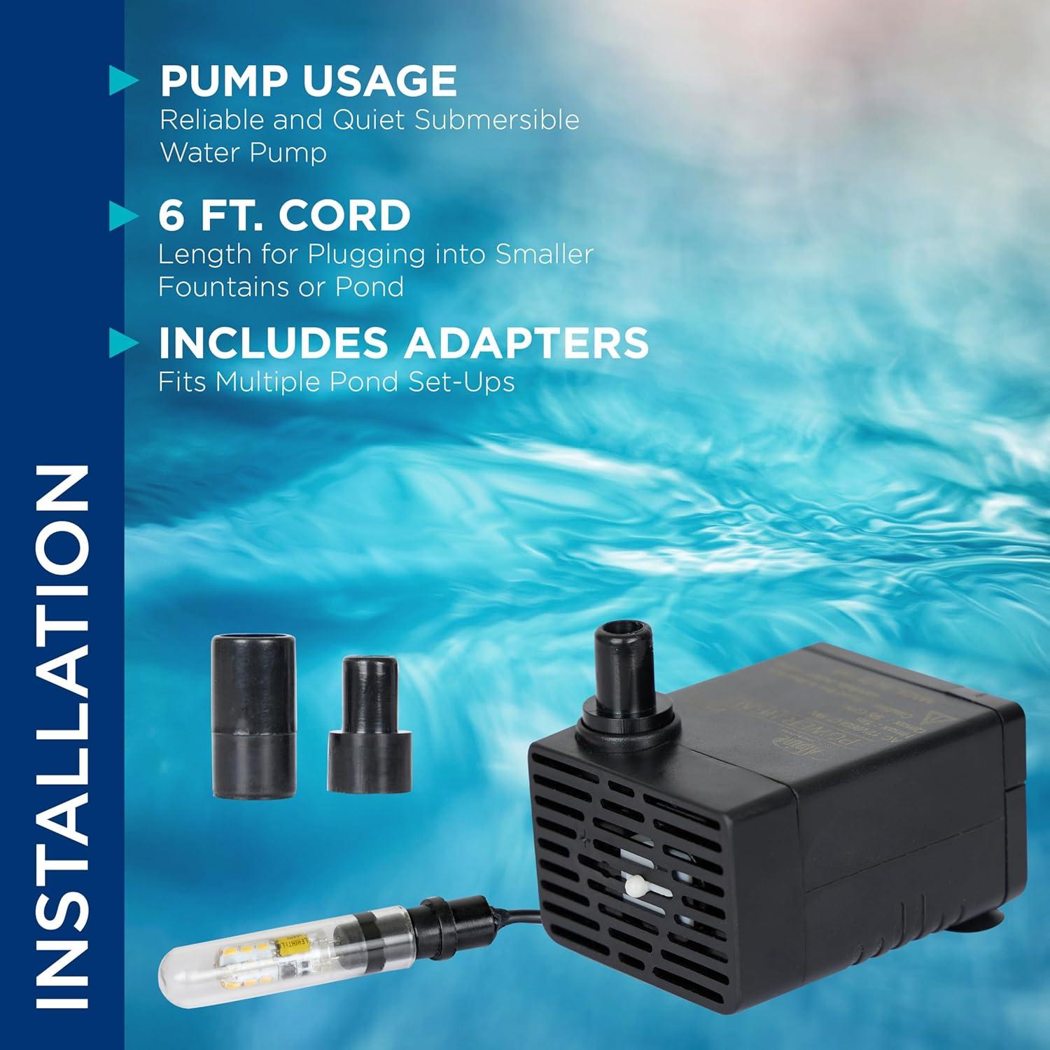 Alpine Corporation Submersible 95 GPH Fountain Pump with 5W Halogen Light for Outdoor Fountains, Birdbaths, Ponds, and Garden Water Features