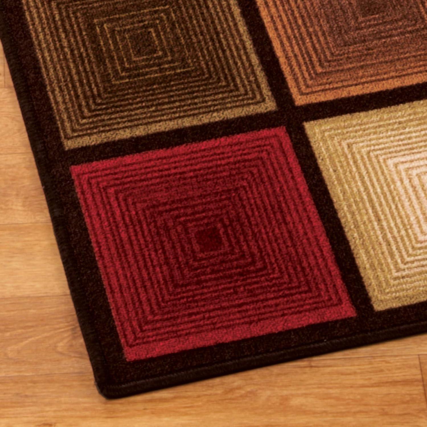 Collections Etc Optic Squares Runner Rug in Deep, Rich Hues - Skid-Resistant Backing Perfect for Hallway, 20" X 90"