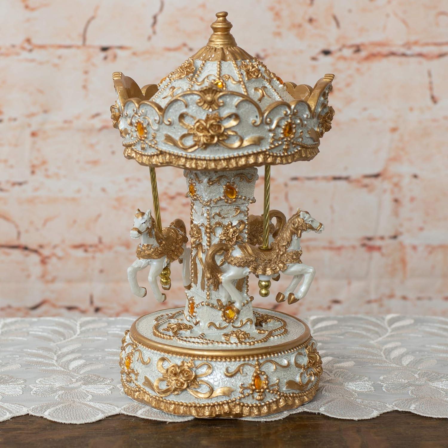 Gilded Gold Tone Horses Musical Carousel 10 inch Rotating Figurine Plays Tune Carousel Waltz